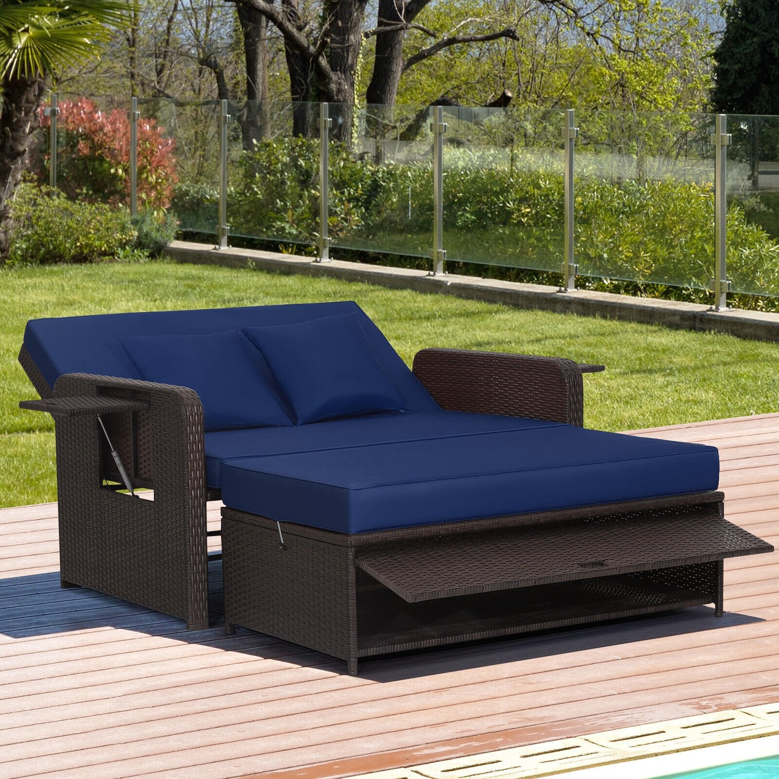 Patio Rattan Daybed with 4-Level Adjustable Backrest and Retractable Side Tray, Navy Outdoor Sectionals   at Gallery Canada