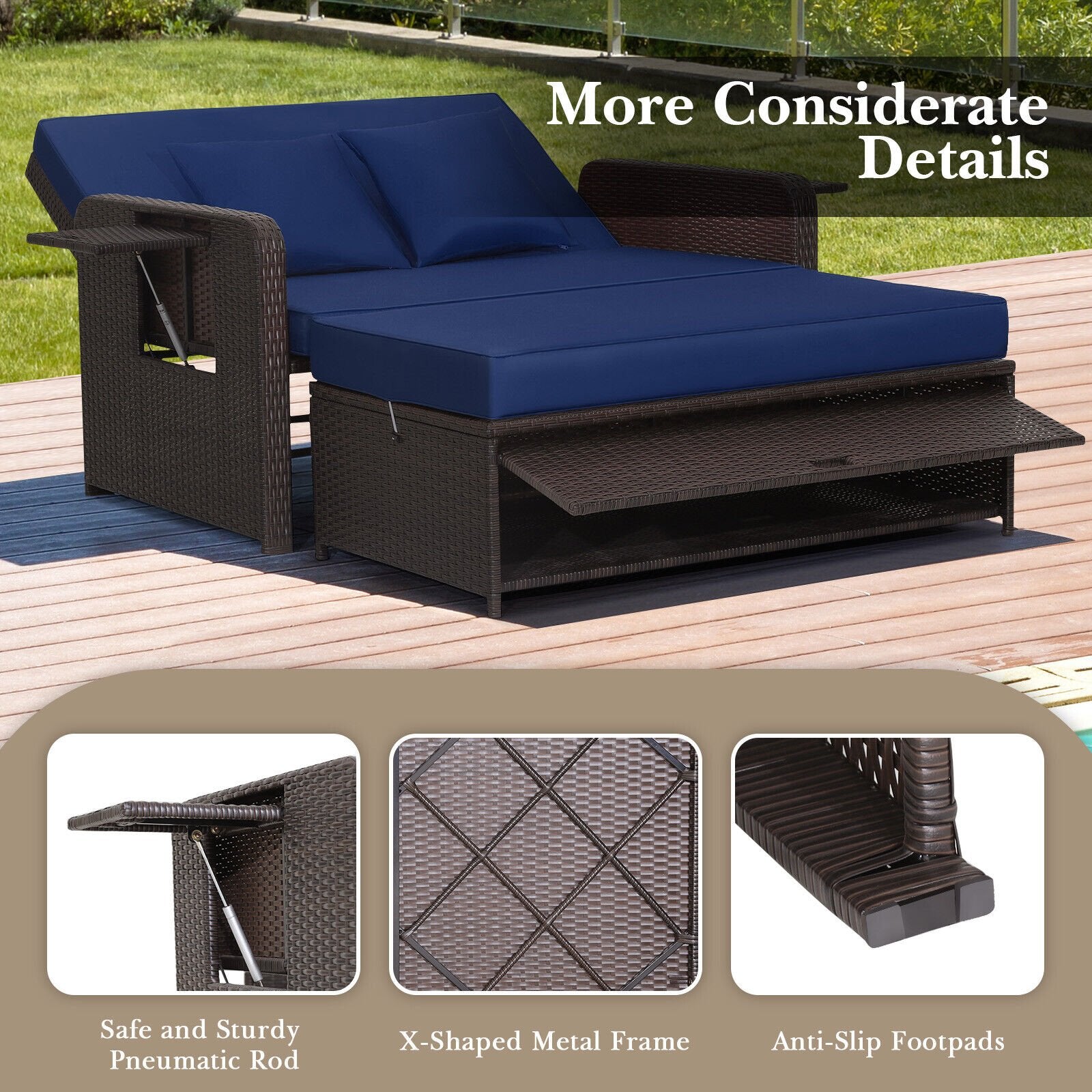 Patio Rattan Daybed with 4-Level Adjustable Backrest and Retractable Side Tray, Navy Outdoor Sectionals   at Gallery Canada