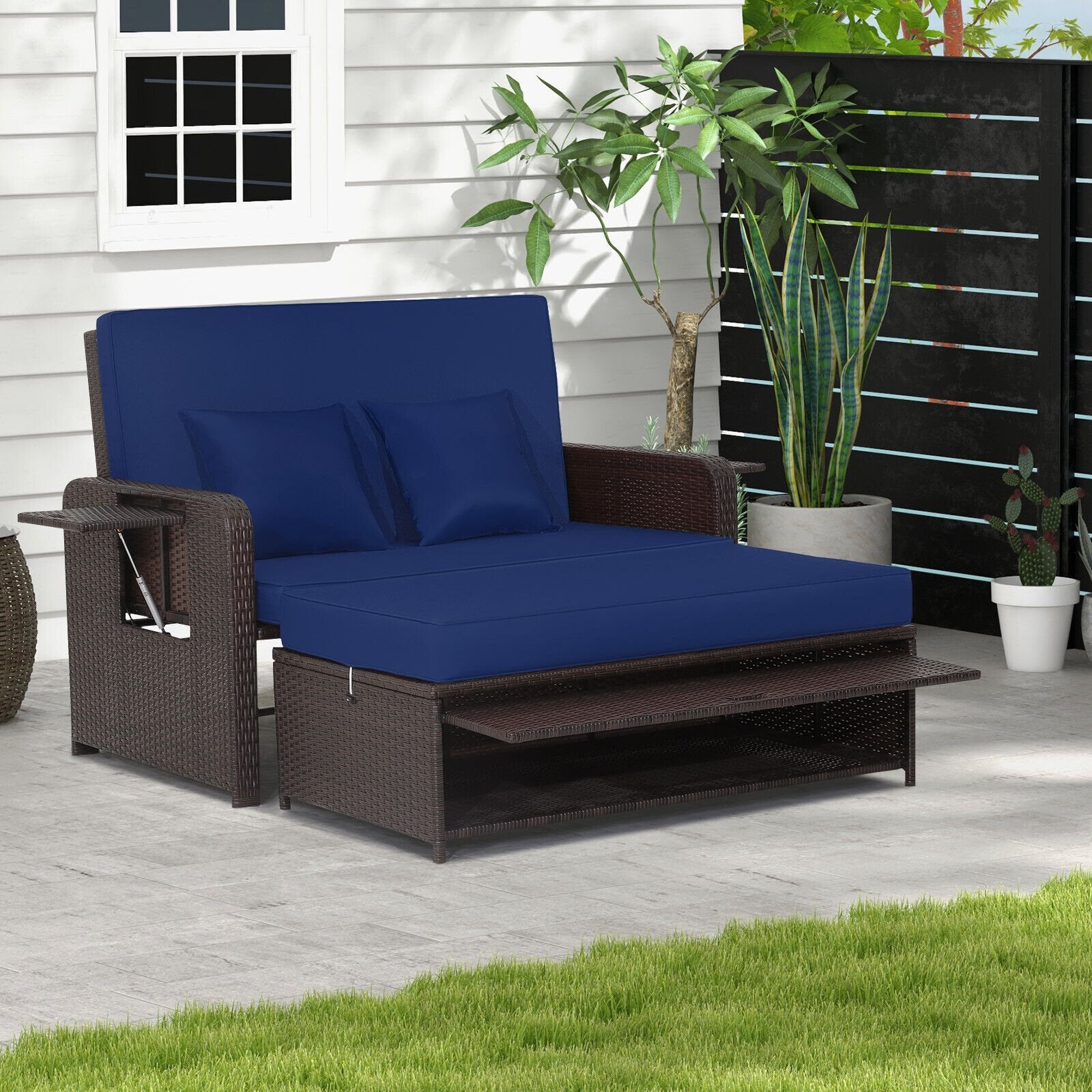 Patio Rattan Daybed with 4-Level Adjustable Backrest and Retractable Side Tray, Navy Outdoor Sectionals   at Gallery Canada