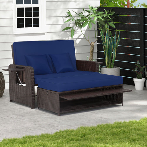 Patio Rattan Daybed with 4-Level Adjustable Backrest and Retractable Side Tray, Navy