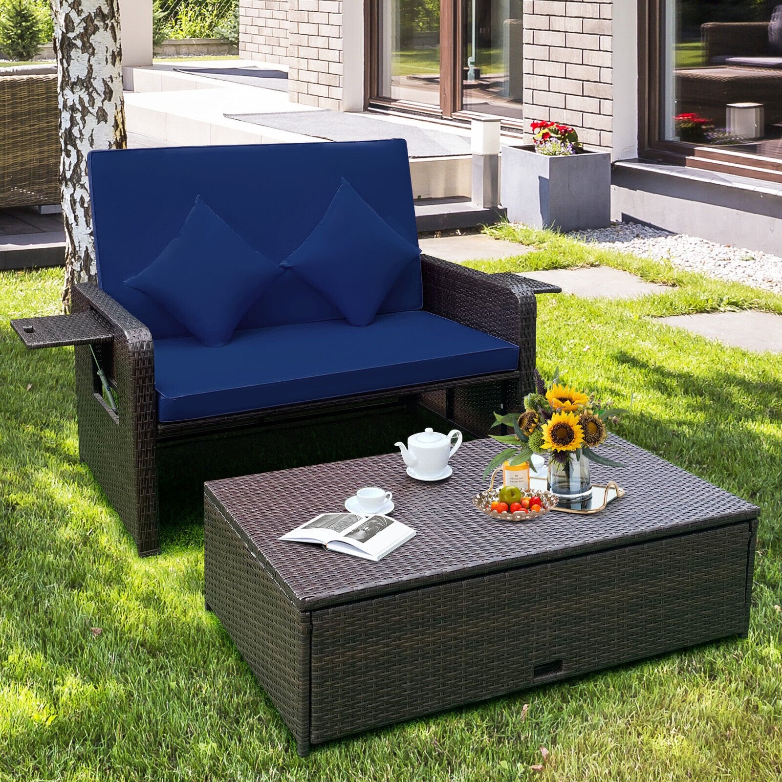 Patio Rattan Daybed with 4-Level Adjustable Backrest and Retractable Side Tray, Navy Outdoor Sectionals   at Gallery Canada