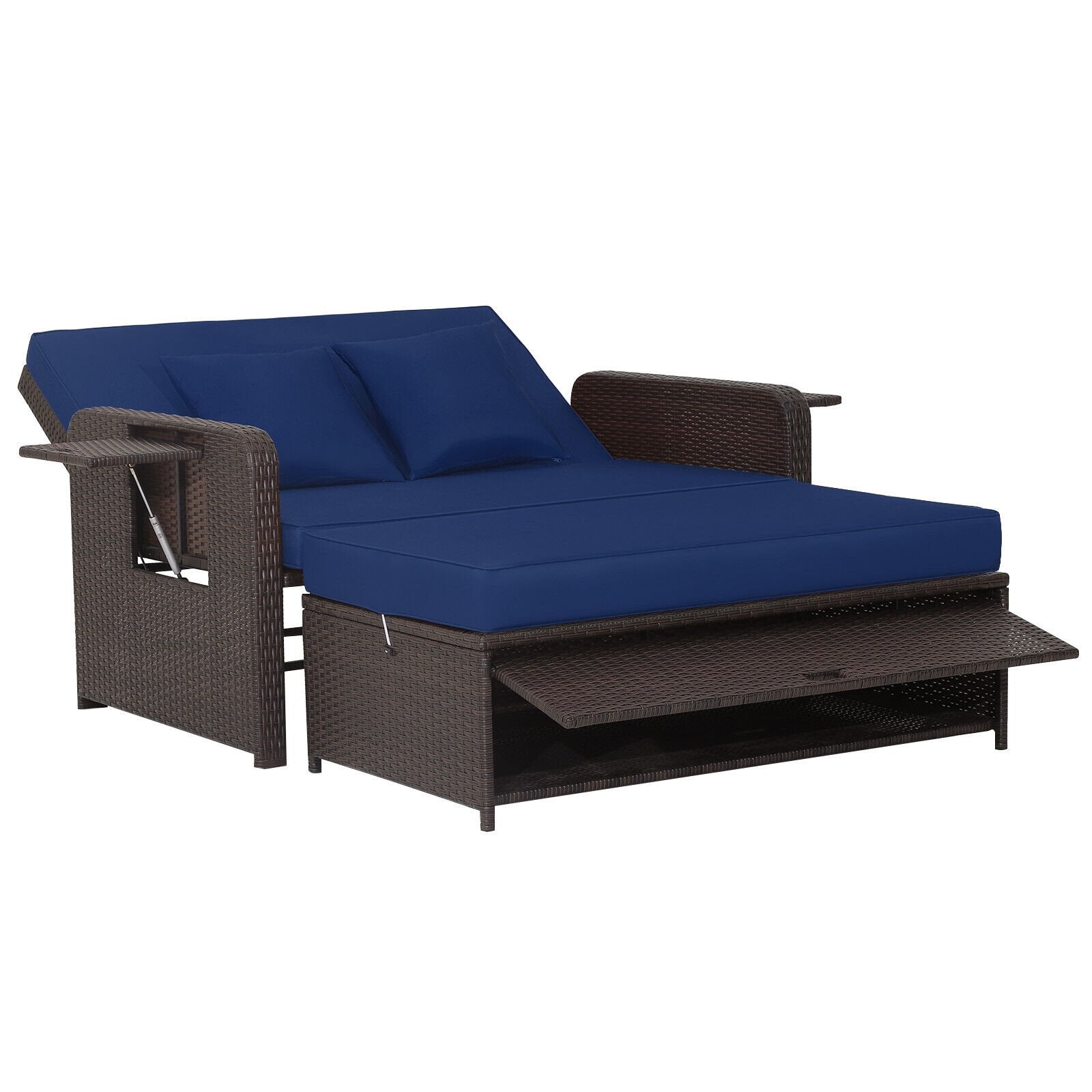 Patio Rattan Daybed with 4-Level Adjustable Backrest and Retractable Side Tray, Navy Outdoor Sectionals   at Gallery Canada