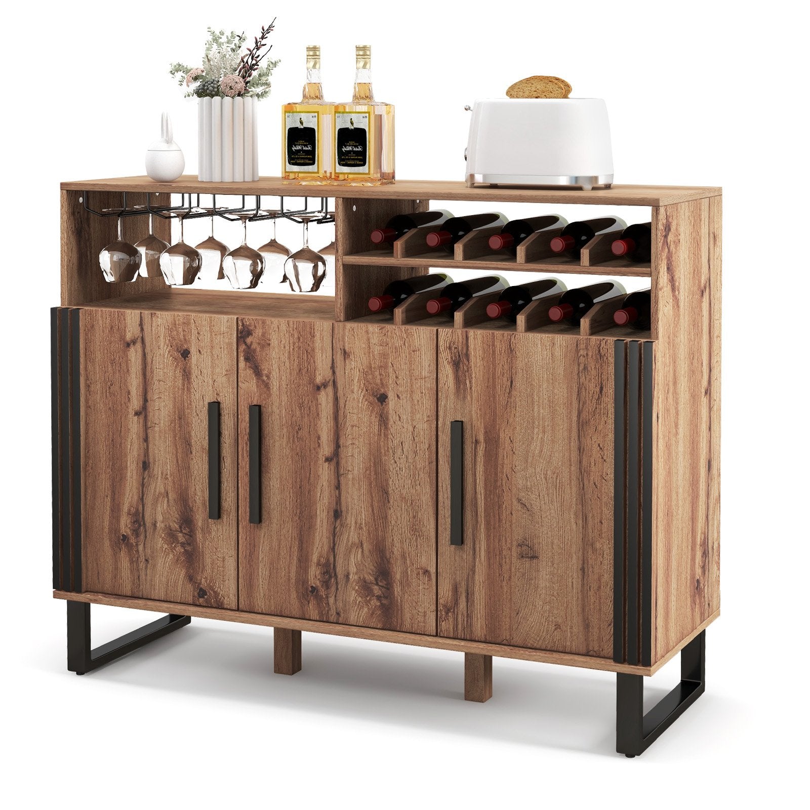 Home Wine Bar Cabinet with 3 Doors and Adjustable Shelves, Brown Wine Racks   at Gallery Canada