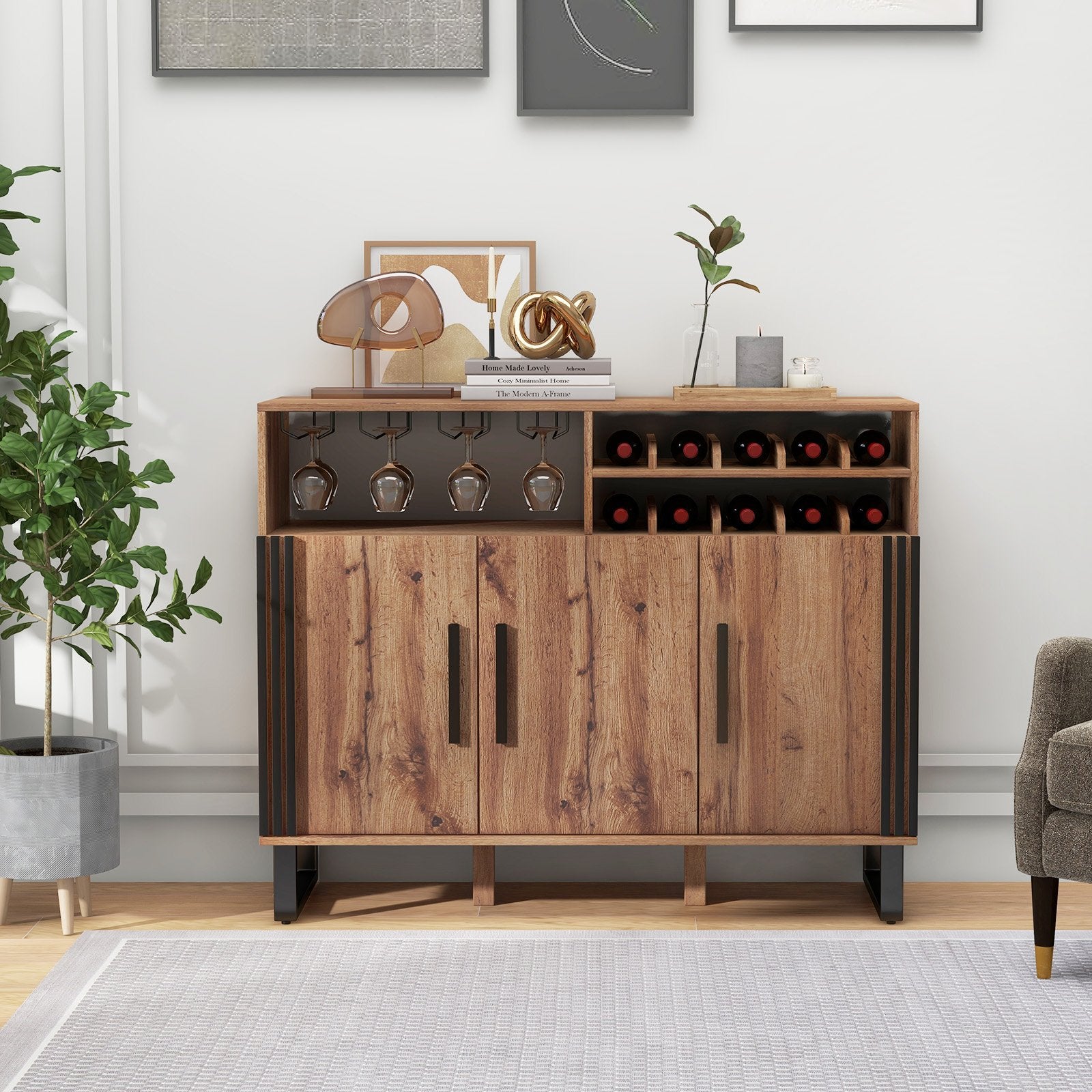 Home Wine Bar Cabinet with 3 Doors and Adjustable Shelves, Brown Wine Racks   at Gallery Canada