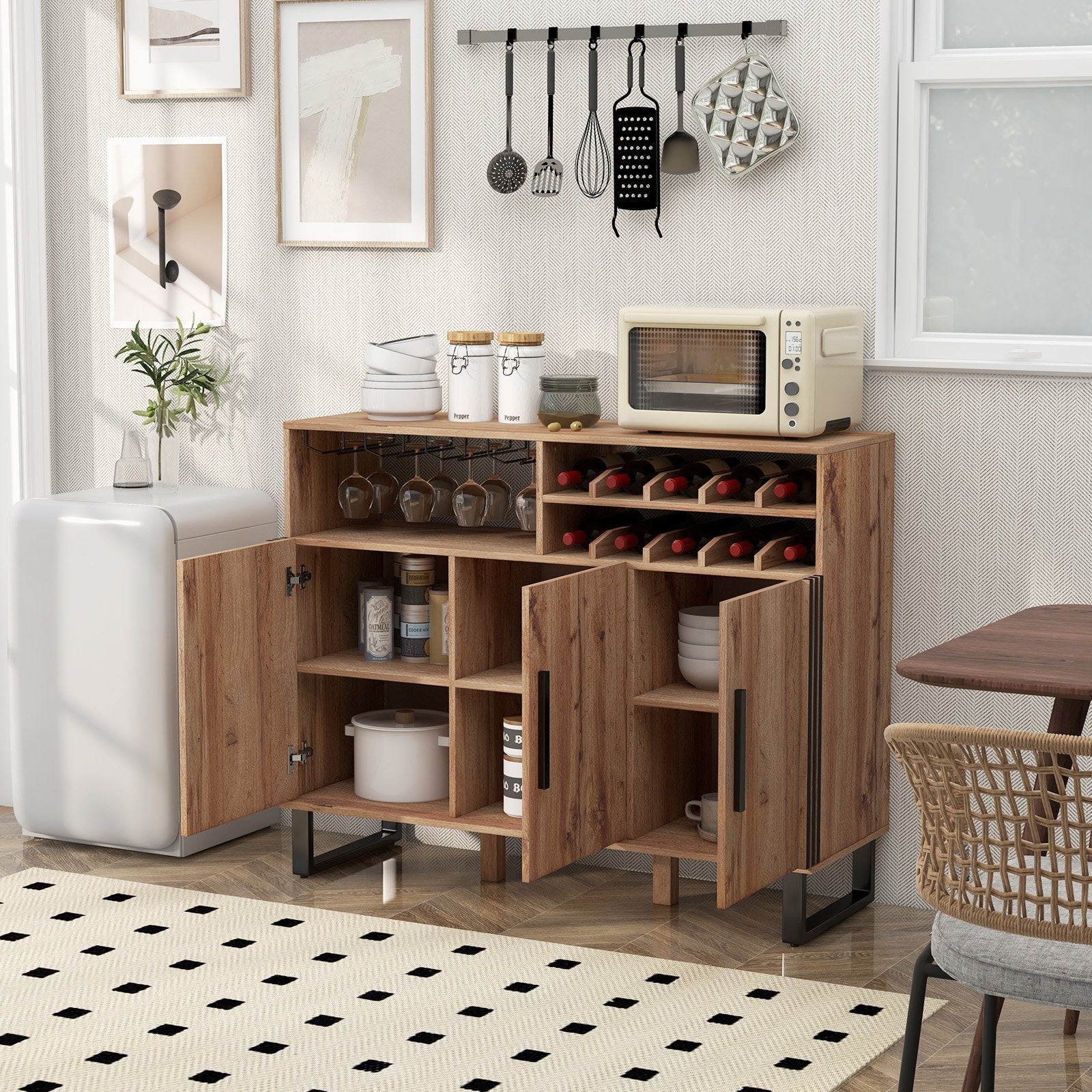 Home Wine Bar Cabinet with 3 Doors and Adjustable Shelves, Brown Wine Racks   at Gallery Canada