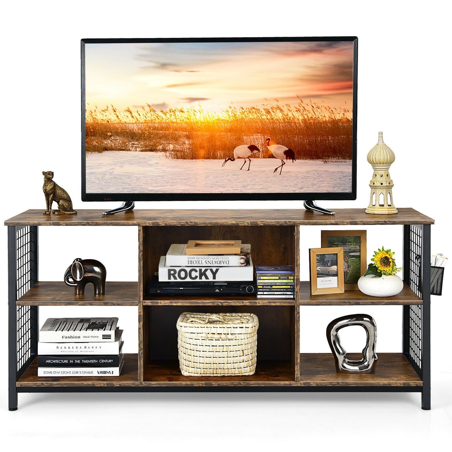 Mid-Century Wooden TV Stand with Storage Basket for TVs up to 65 Inch, Rustic Brown - Gallery Canada