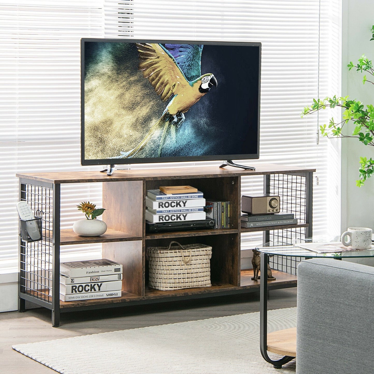 Mid-Century Wooden TV Stand with Storage Basket for TVs up to 65 Inch, Rustic Brown Entertainment Centers & TV Stands   at Gallery Canada