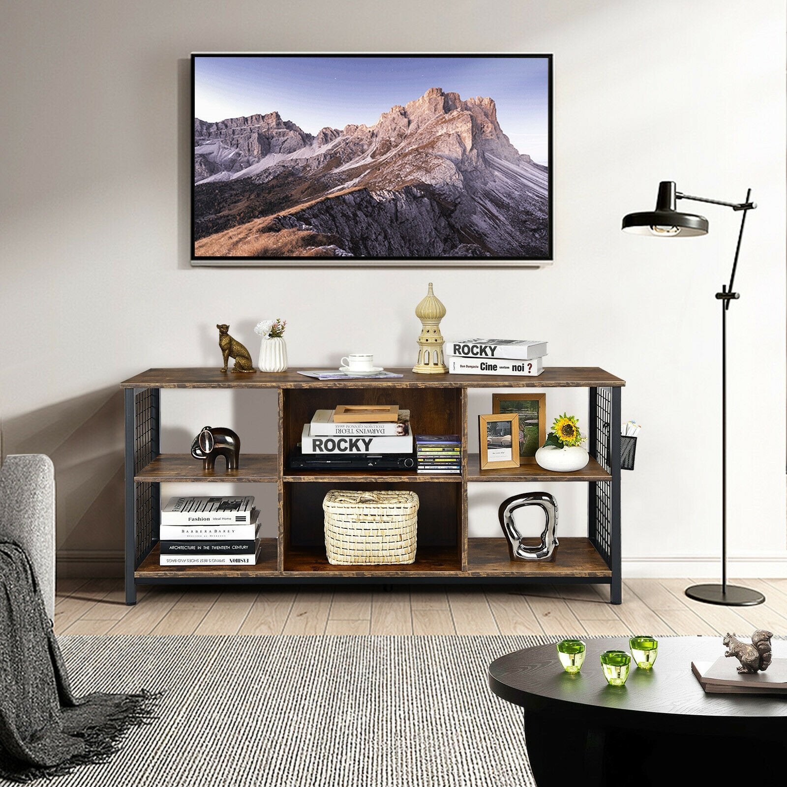 Mid-Century Wooden TV Stand with Storage Basket for TVs up to 65 Inch, Rustic Brown Entertainment Centers & TV Stands   at Gallery Canada