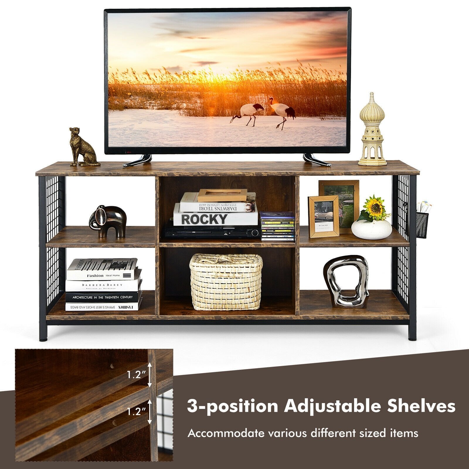 Mid-Century Wooden TV Stand with Storage Basket for TVs up to 65 Inch, Rustic Brown - Gallery Canada