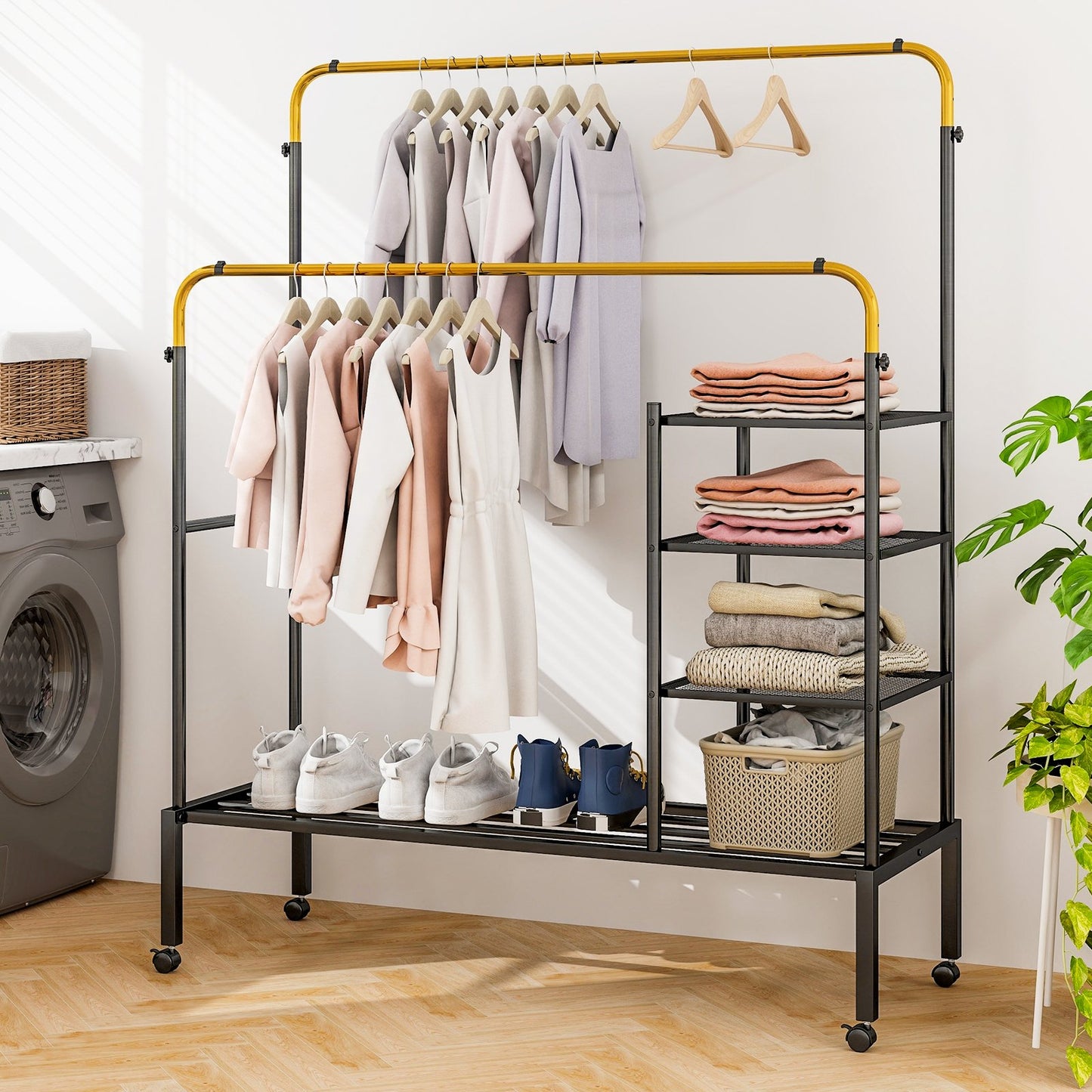 Rolling Double Rods Garment Rack with Height Adjustable Hanging Bars, Golden Coat Racks & Hall Trees   at Gallery Canada