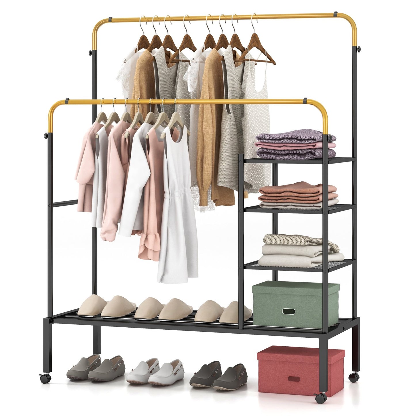 Rolling Double Rods Garment Rack with Height Adjustable Hanging Bars, Golden Coat Racks & Hall Trees   at Gallery Canada