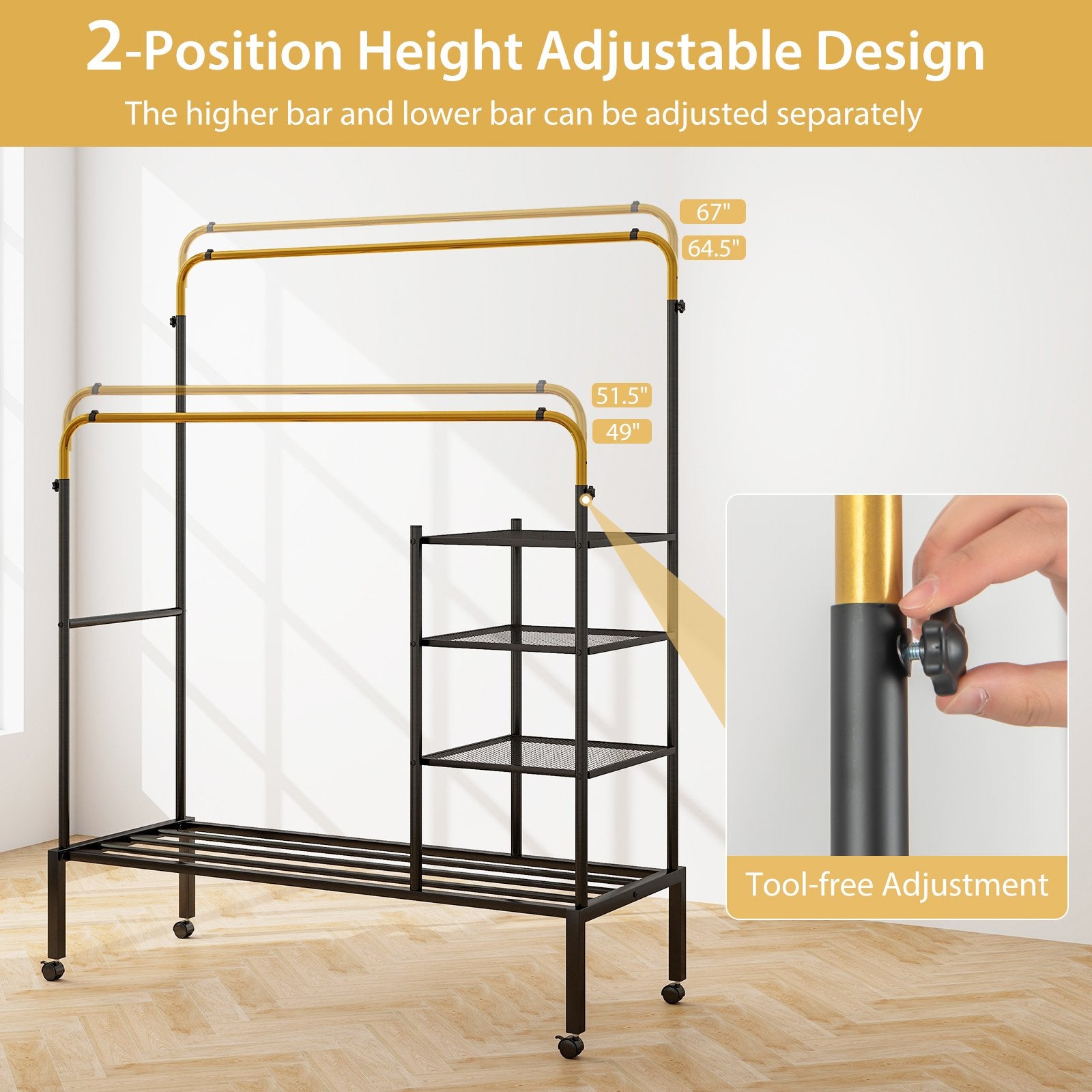 Rolling Double Rods Garment Rack with Height Adjustable Hanging Bars, Golden Coat Racks & Hall Trees   at Gallery Canada