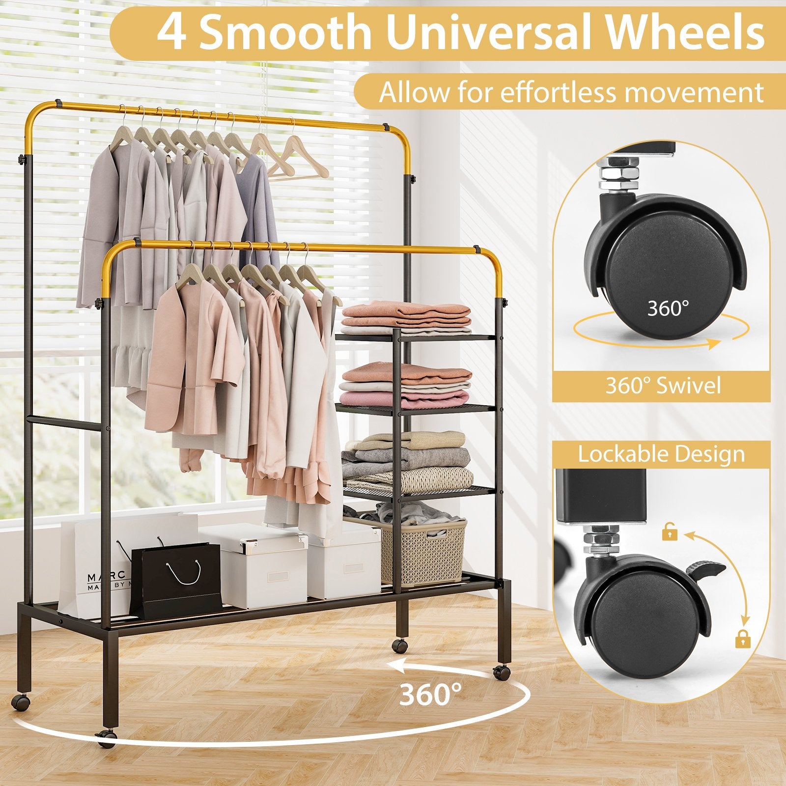 Rolling Double Rods Garment Rack with Height Adjustable Hanging Bars, Golden Coat Racks & Hall Trees   at Gallery Canada