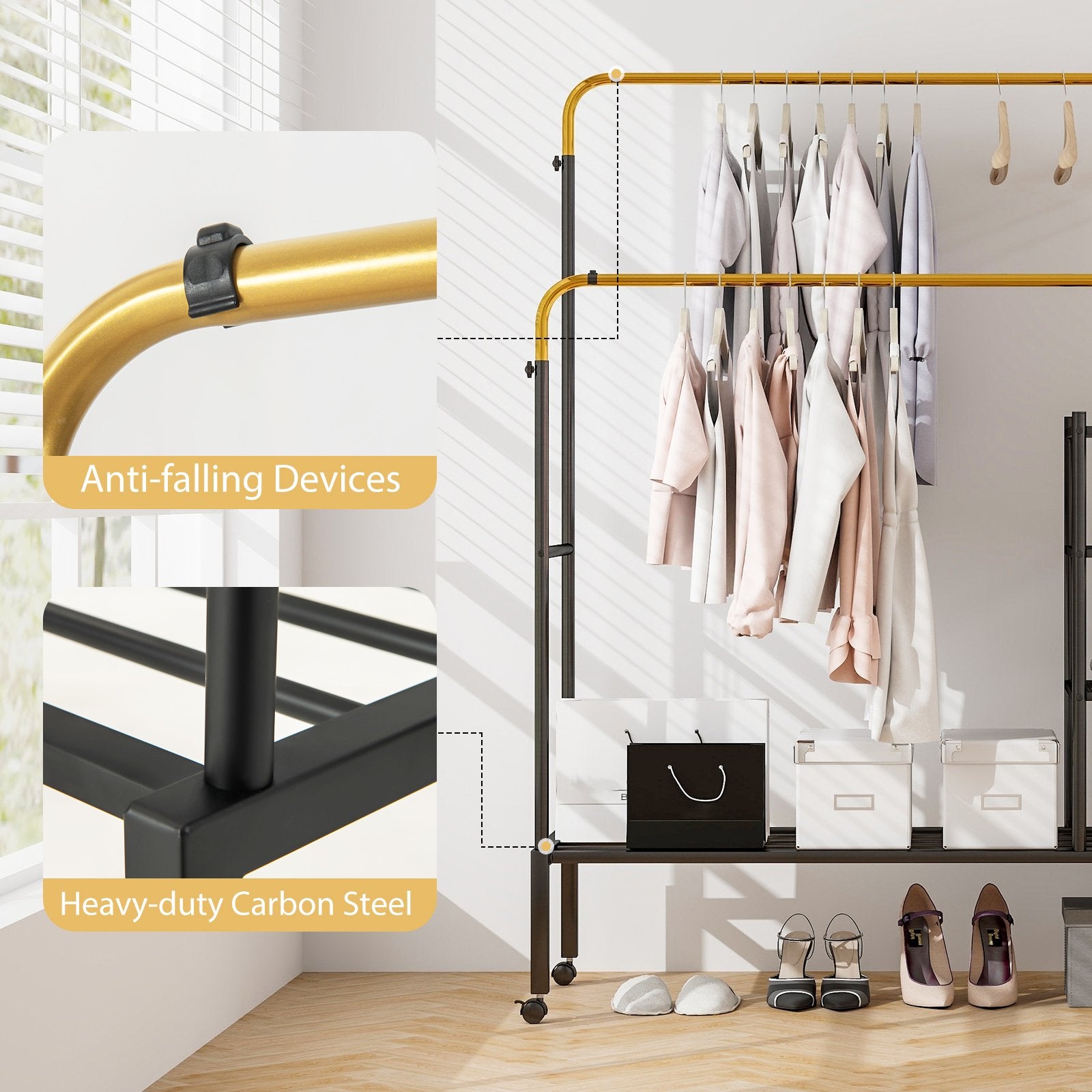 Rolling Double Rods Garment Rack with Height Adjustable Hanging Bars, Golden Coat Racks & Hall Trees   at Gallery Canada