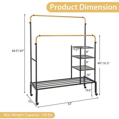 Rolling Double Rods Garment Rack with Height Adjustable Hanging Bars, Golden Coat Racks & Hall Trees   at Gallery Canada