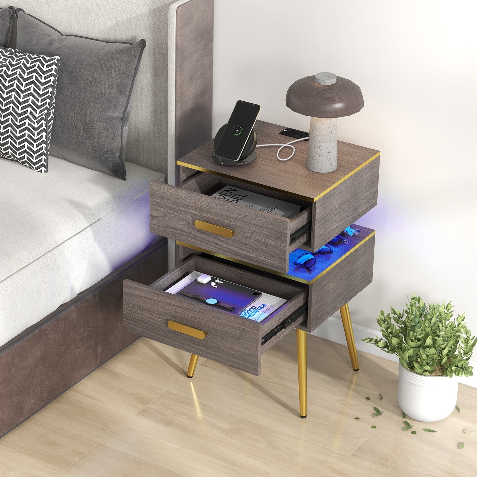 Nightstand Sofa Side Tables with Charging Station and 2 Drawers and LED lights, Gray Nightstands   at Gallery Canada