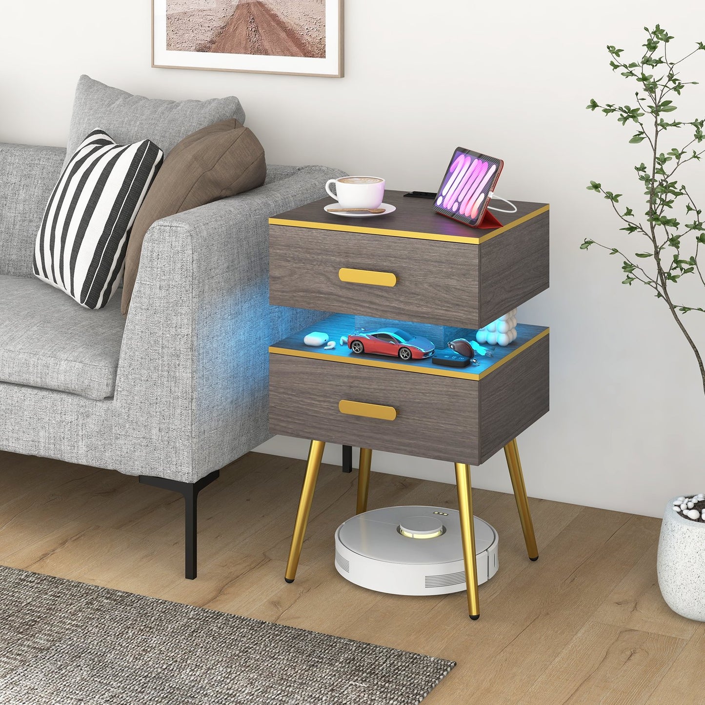 Nightstand Sofa Side Tables with Charging Station and 2 Drawers and LED lights, Gray Nightstands   at Gallery Canada