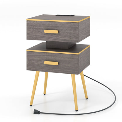 Nightstand Sofa Side Tables with Charging Station and 2 Drawers and LED lights, Gray Nightstands   at Gallery Canada