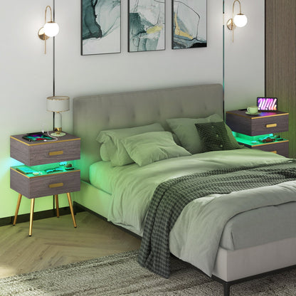 Nightstand Sofa Side Tables with Charging Station and 2 Drawers and LED lights, Gray Nightstands   at Gallery Canada