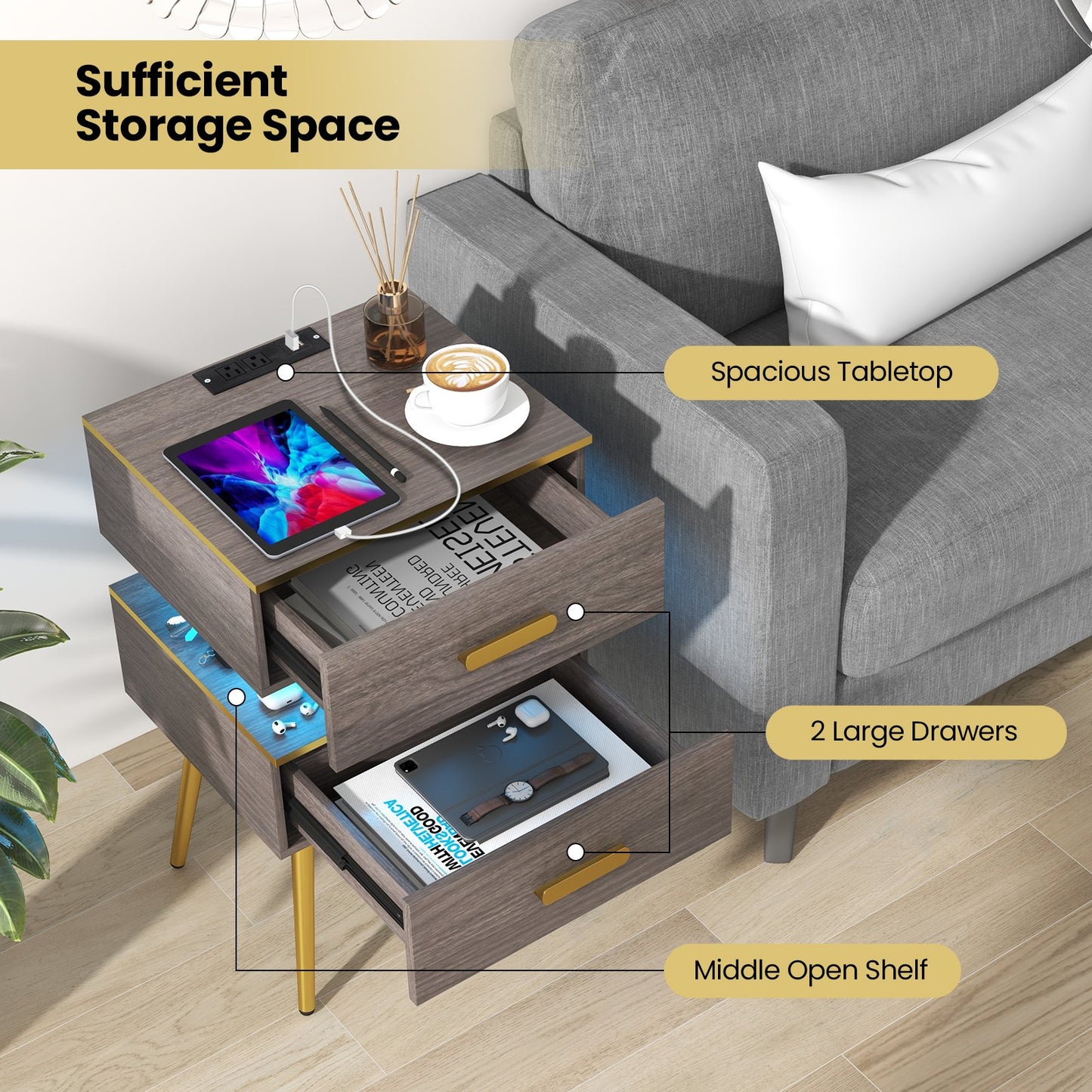 Nightstand Sofa Side Tables with Charging Station and 2 Drawers and LED lights, Gray Nightstands   at Gallery Canada