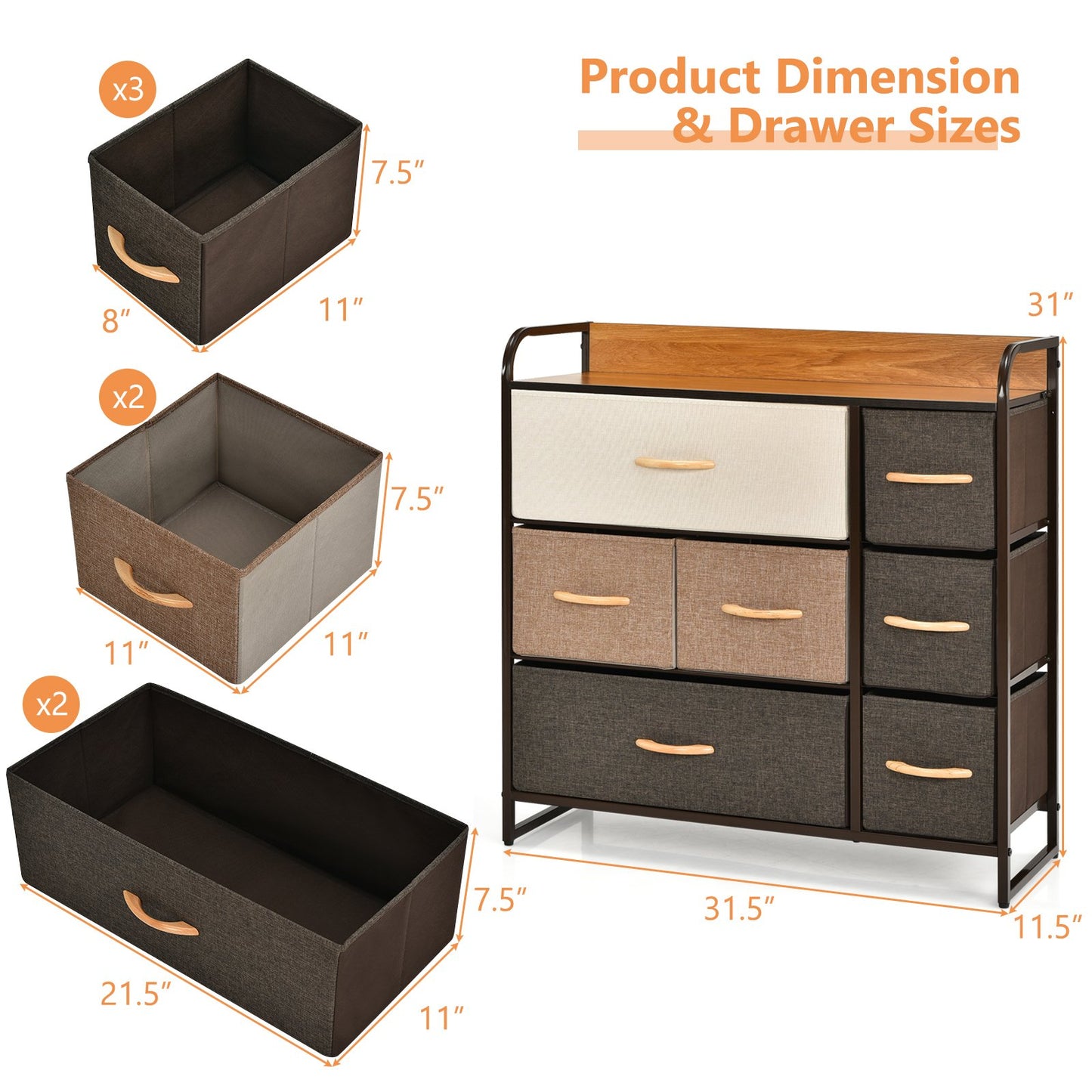 7 Drawer Tower Steel Frame and Wooden Top Dresser Storage Chest for Bedroom, Multicolor Dressers & Chests   at Gallery Canada