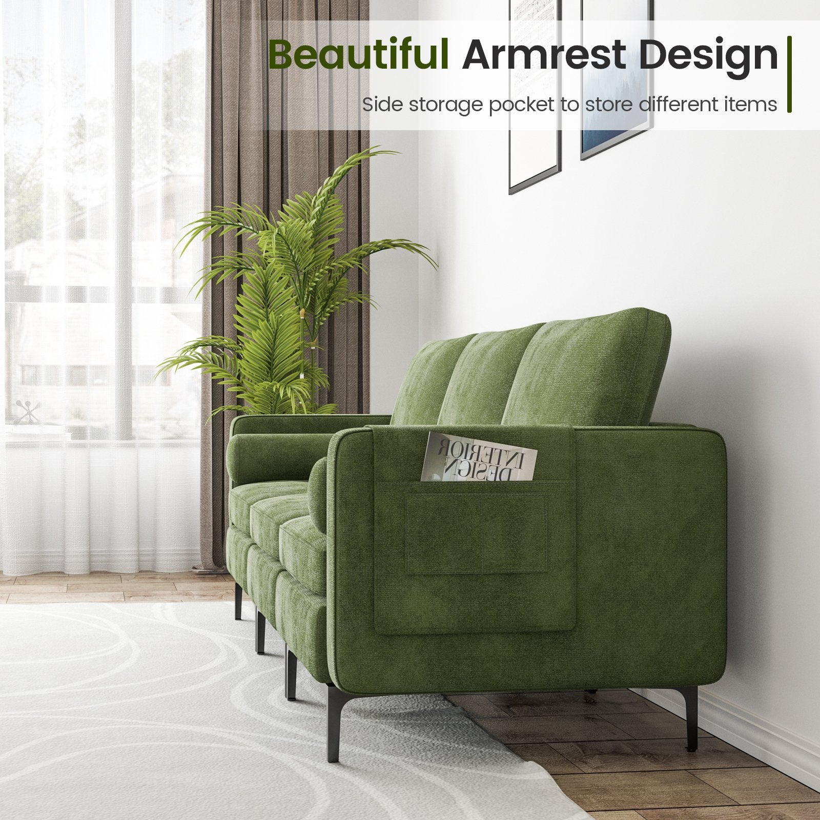 Modular 3-Seat Sofa Couch with Socket USB Ports and Side Storage Pocket, Green Sofas & Loveseats   at Gallery Canada