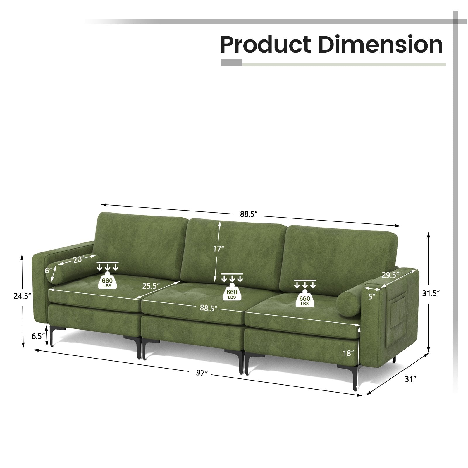 Modular 3-Seat Sofa Couch with Socket USB Ports and Side Storage Pocket, Green Sofas & Loveseats   at Gallery Canada