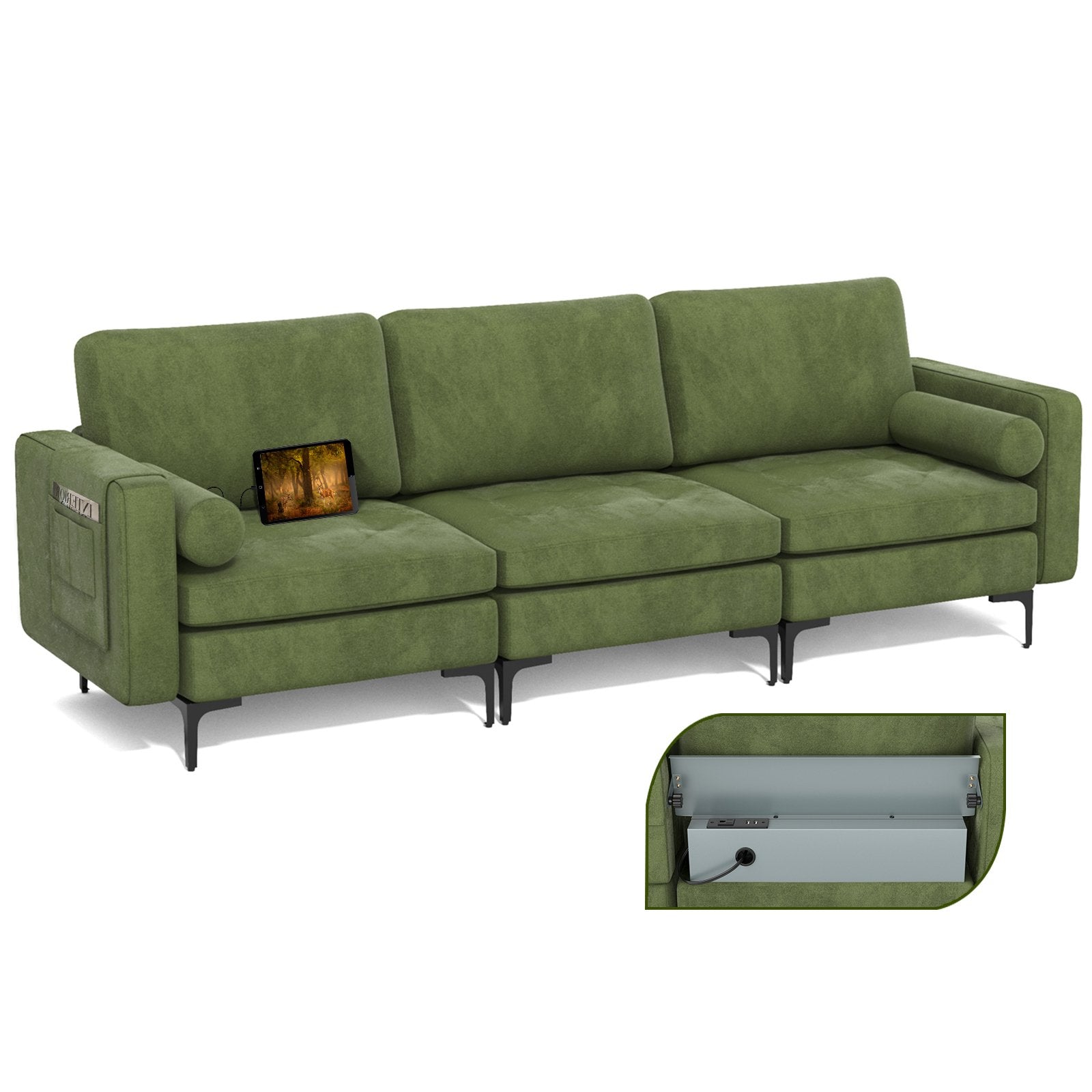 Modular 3-Seat Sofa Couch with Socket USB Ports and Side Storage Pocket, Green Sofas & Loveseats   at Gallery Canada