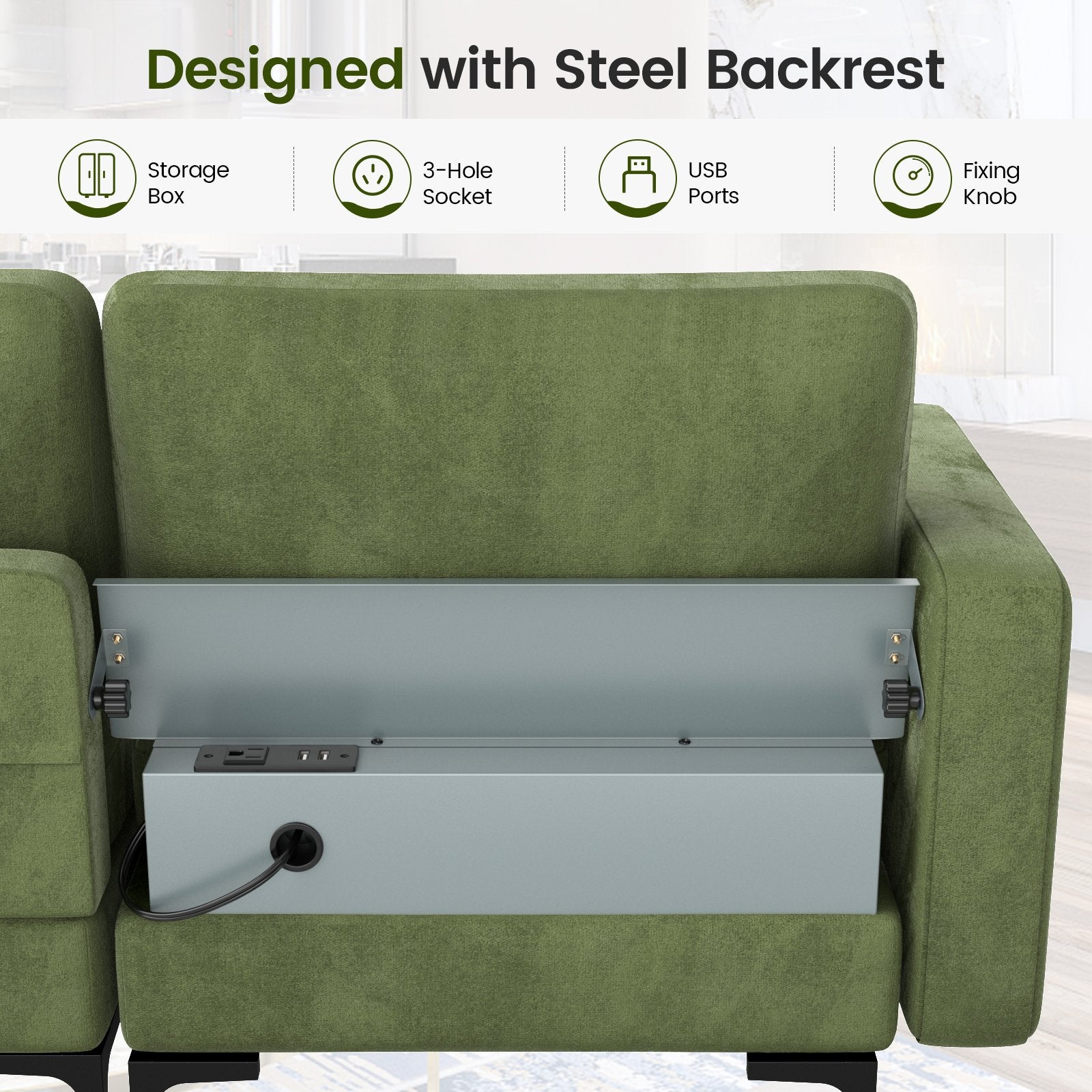 Modular 3-Seat Sofa Couch with Socket USB Ports and Side Storage Pocket, Green Sofas & Loveseats   at Gallery Canada