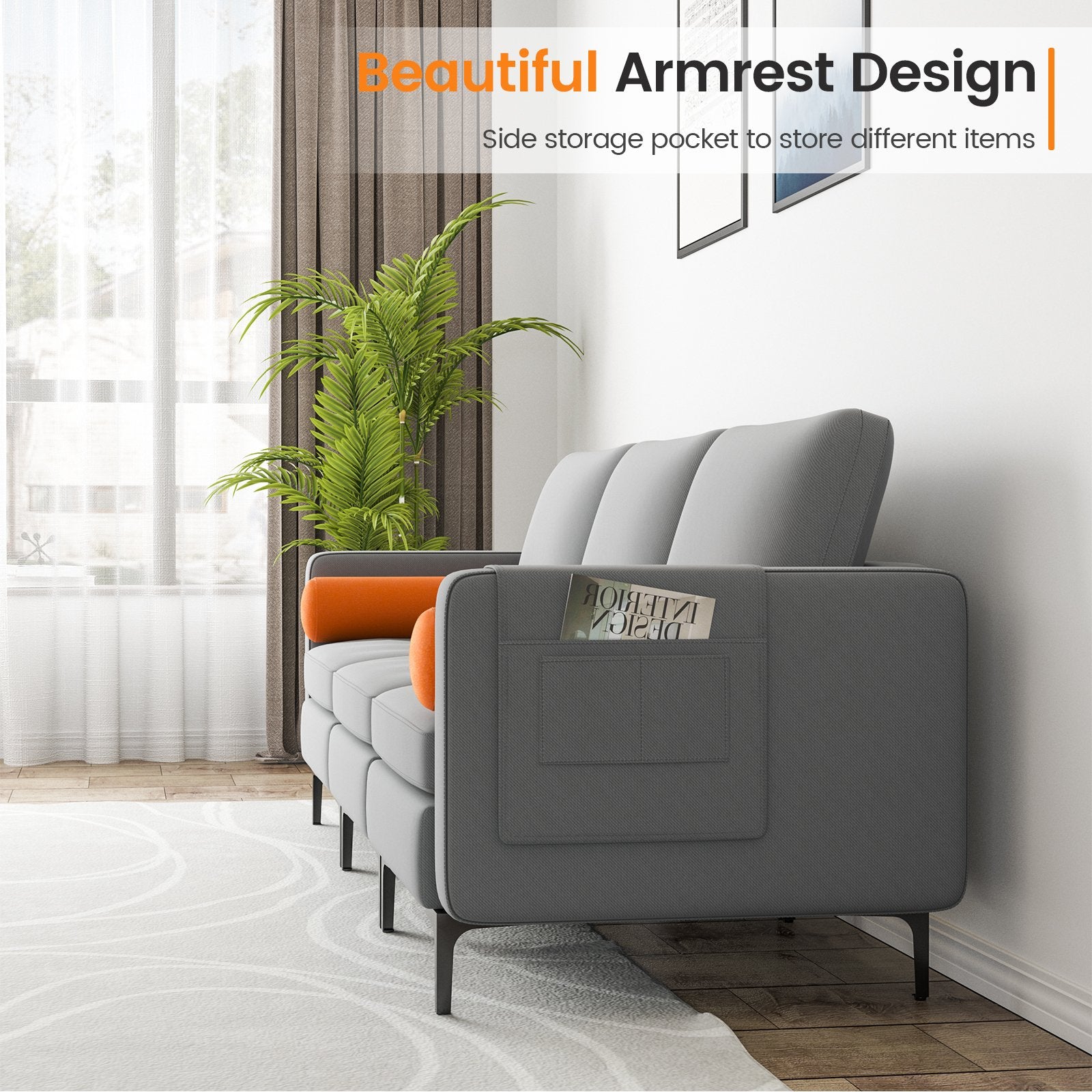 Modular 3-Seat Sofa Couch with Socket USB Ports and Side Storage Pocket, Gray Sofas & Loveseats   at Gallery Canada