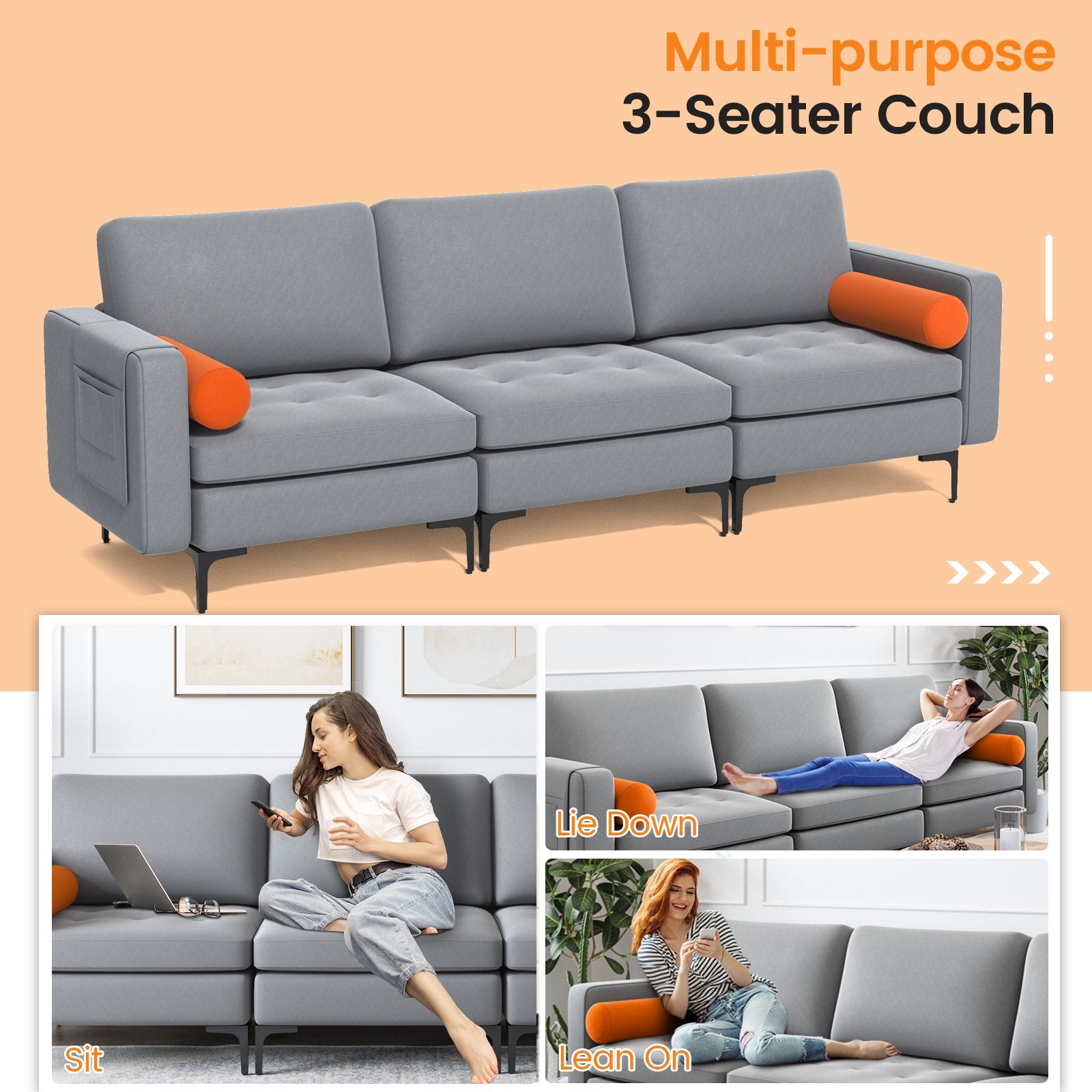 Modular 3-Seat Sofa Couch with Socket USB Ports and Side Storage Pocket, Gray Sofas & Loveseats   at Gallery Canada