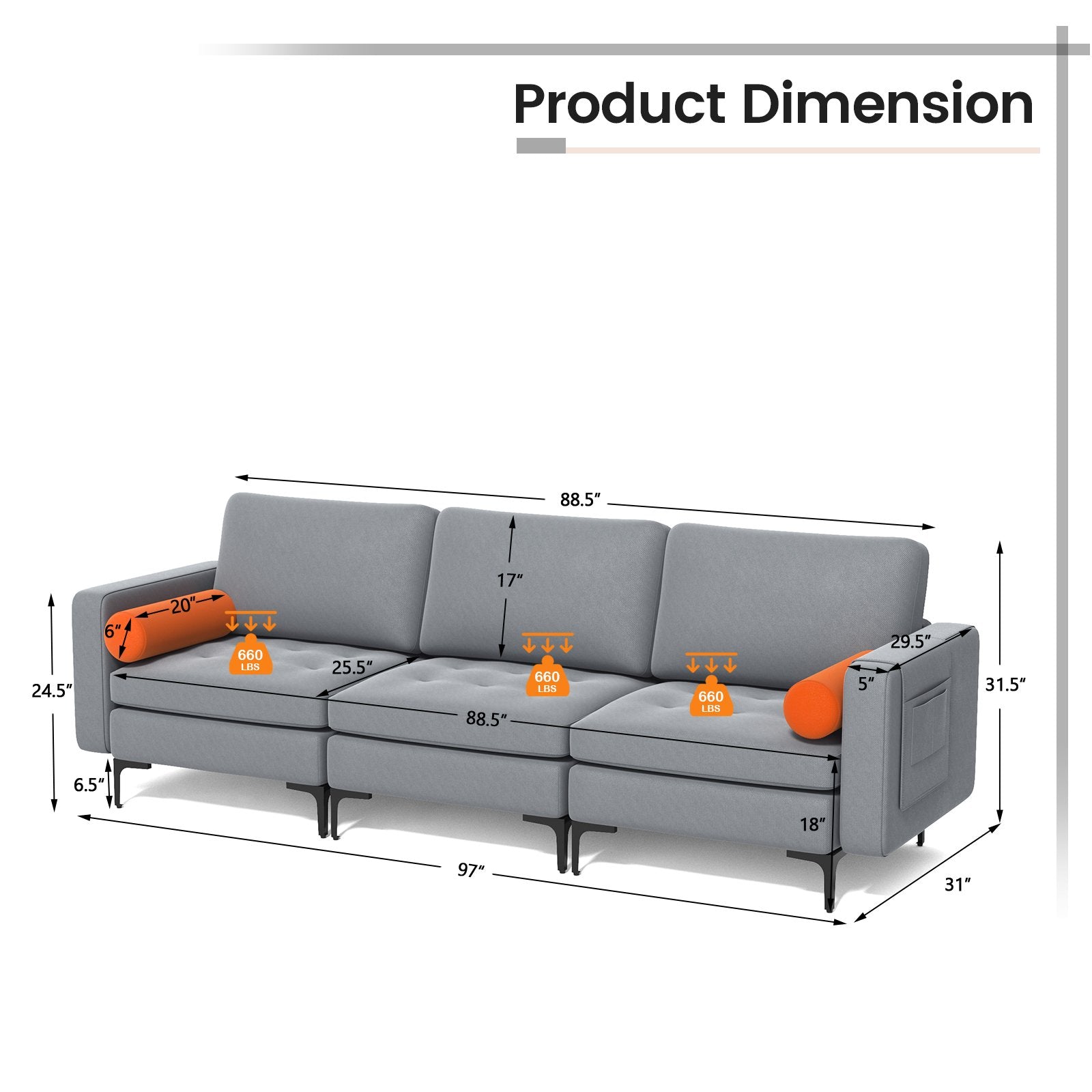 Modular 3-Seat Sofa Couch with Socket USB Ports and Side Storage Pocket, Gray Sofas & Loveseats   at Gallery Canada