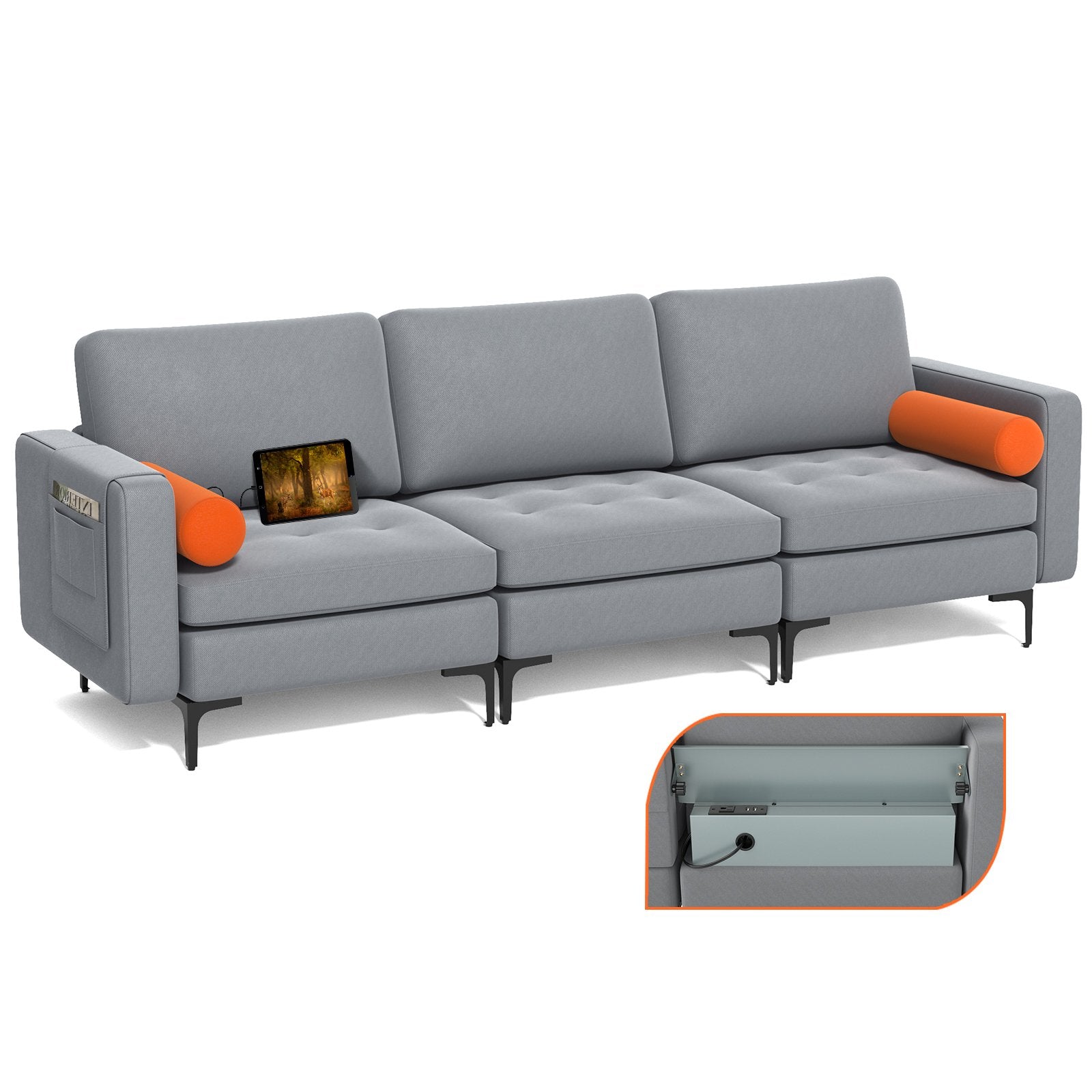 Modular 3-Seat Sofa Couch with Socket USB Ports and Side Storage Pocket, Gray Sofas & Loveseats   at Gallery Canada