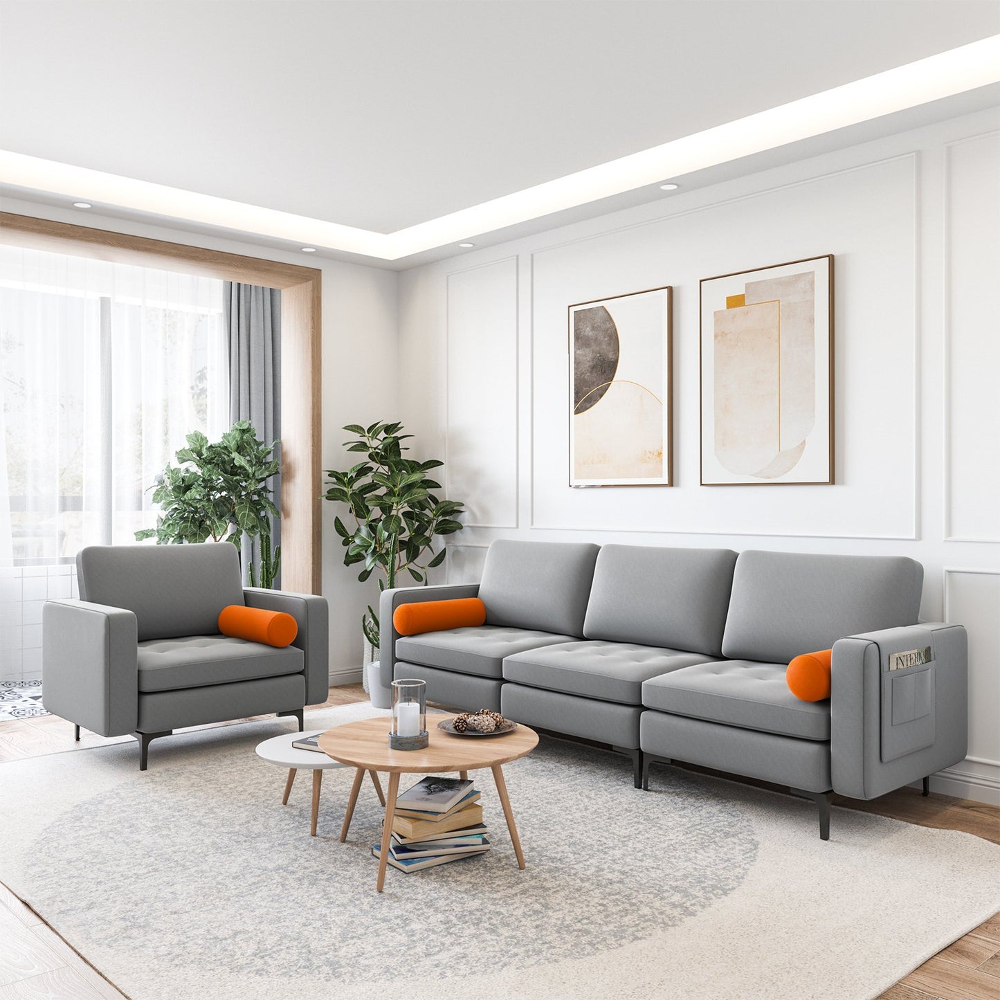 Modular 3-Seat Sofa Couch with Socket USB Ports and Side Storage Pocket, Gray Sofas & Loveseats   at Gallery Canada