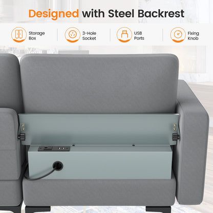 Modular 3-Seat Sofa Couch with Socket USB Ports and Side Storage Pocket, Gray Sofas & Loveseats   at Gallery Canada