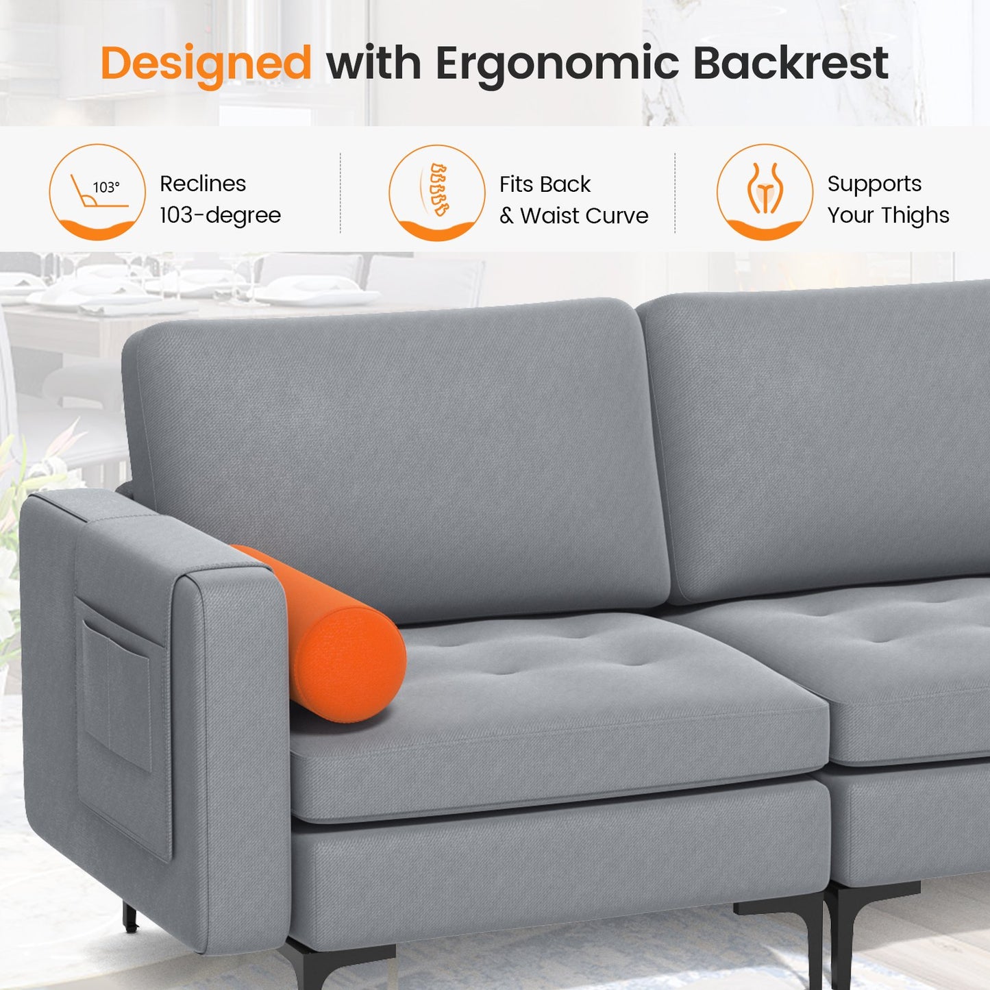 Modular 3-Seat Sofa Couch with Socket USB Ports and Side Storage Pocket, Gray Sofas & Loveseats   at Gallery Canada