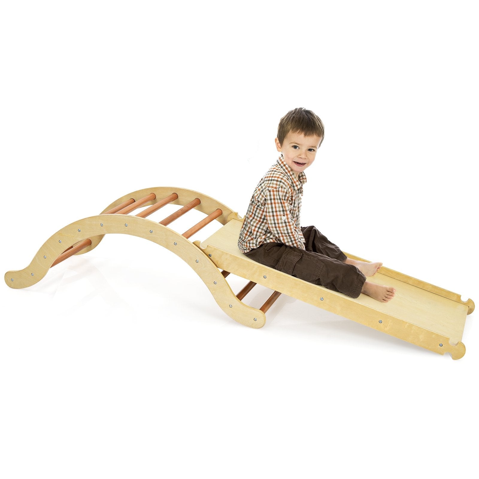 3-in-1 Kids Climber Set Wooden Arch Triangle Rocker with Ramp and Mat, Natural Climbers & Slides   at Gallery Canada