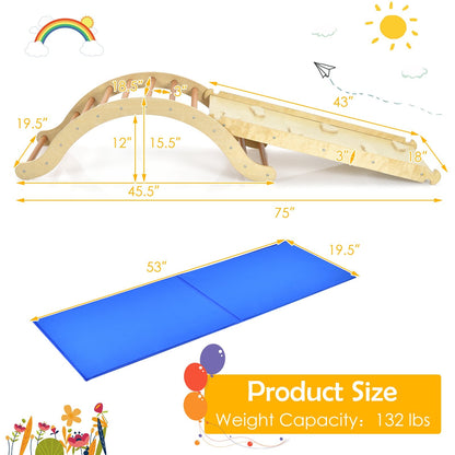 3-in-1 Kids Climber Set Wooden Arch Triangle Rocker with Ramp and Mat, Natural Climbers & Slides   at Gallery Canada