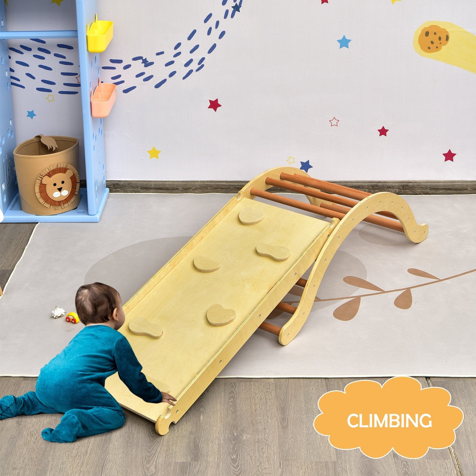 3-in-1 Kids Climber Set Wooden Arch Triangle Rocker with Ramp and Mat, Natural Climbers & Slides   at Gallery Canada