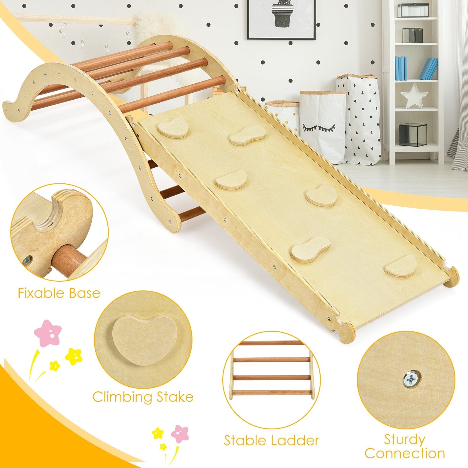 3-in-1 Kids Climber Set Wooden Arch Triangle Rocker with Ramp and Mat, Natural - Gallery Canada