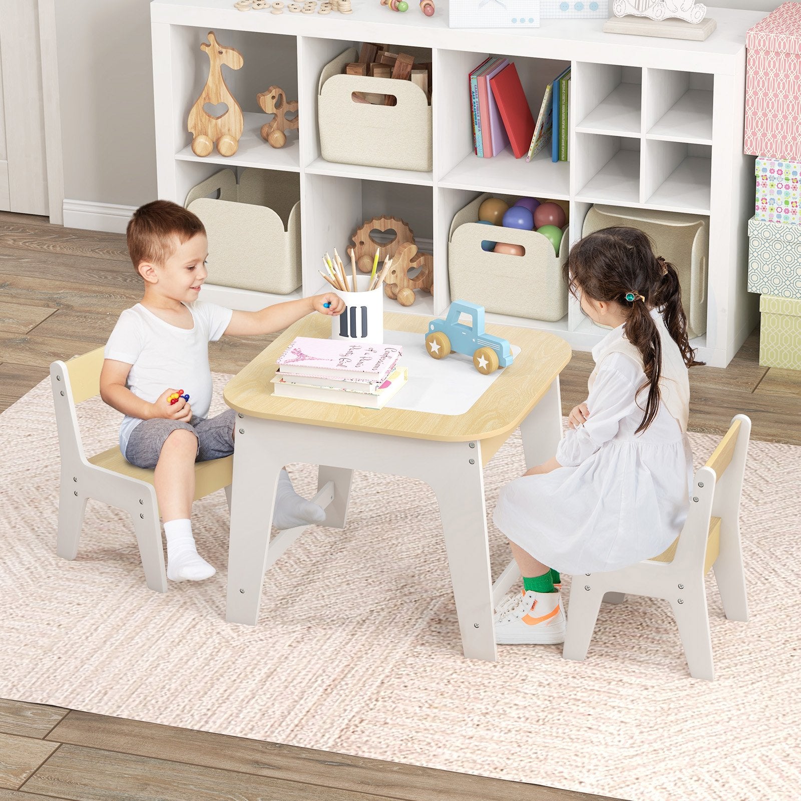 Kid's Table and Chairs Set with Double-sized Tabletop, Natural Kids Table & Chair Sets   at Gallery Canada