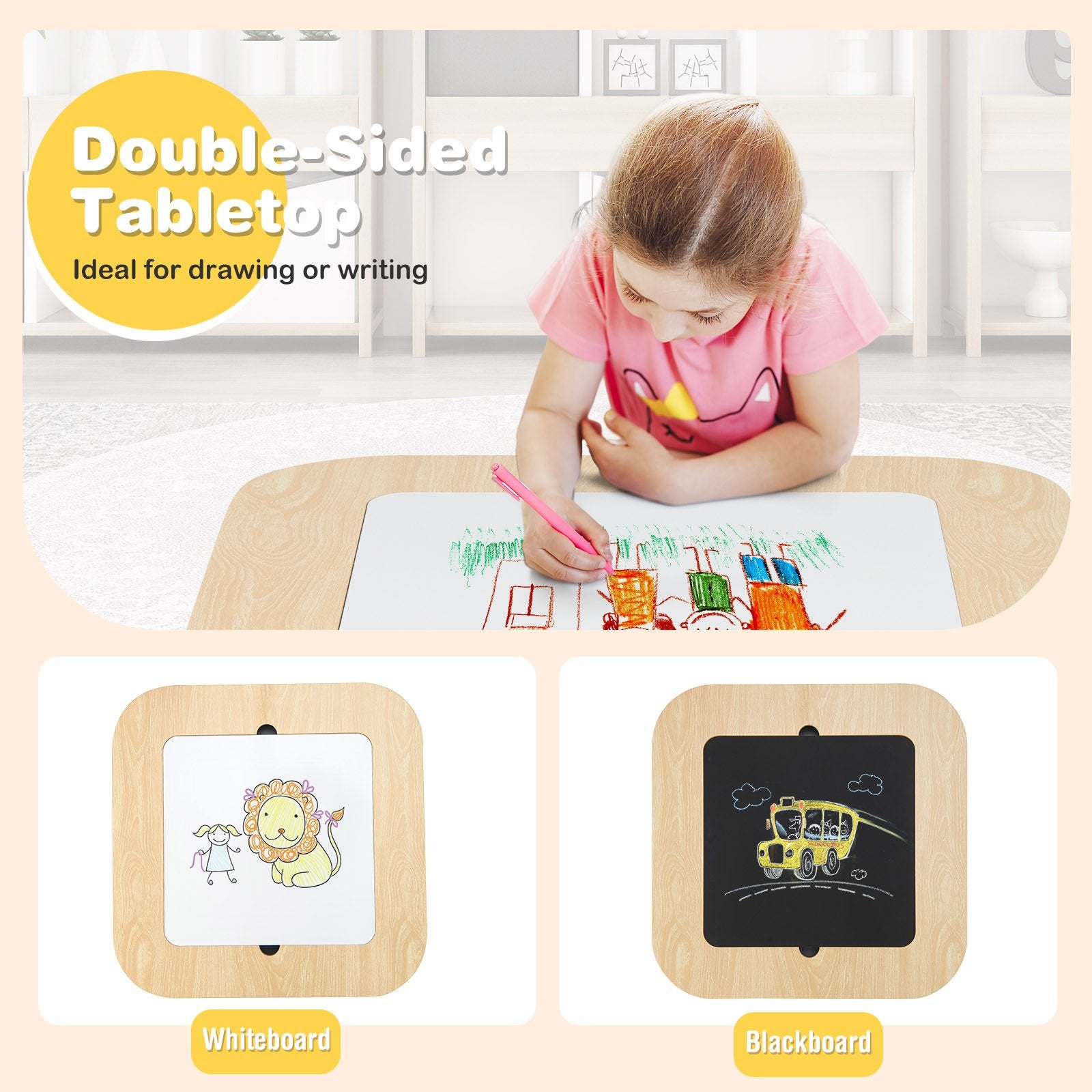 Kid's Table and Chairs Set with Double-sized Tabletop, Natural Kids Table & Chair Sets   at Gallery Canada