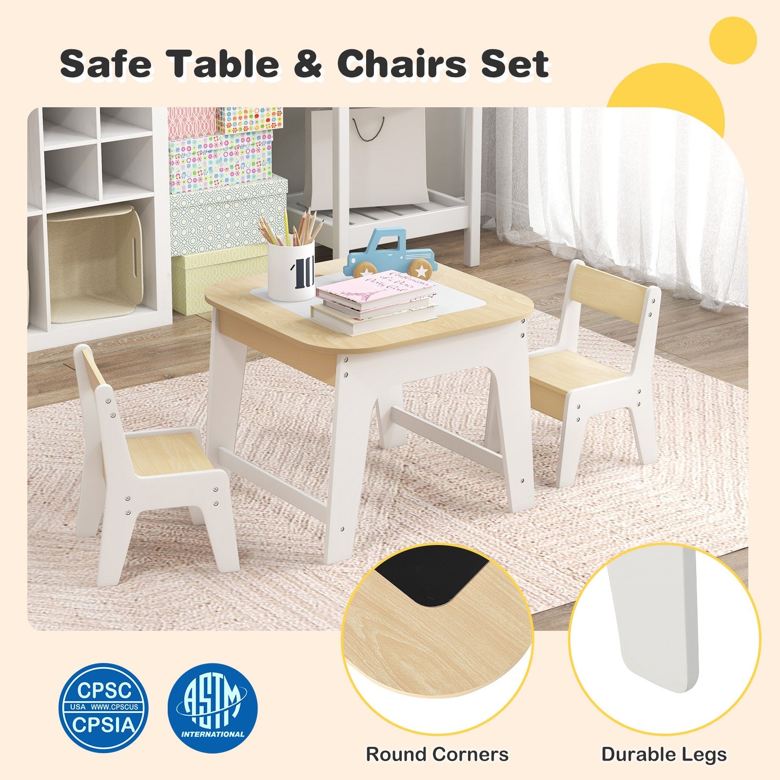 Kid's Table and Chairs Set with Double-sized Tabletop, Natural Kids Table & Chair Sets   at Gallery Canada