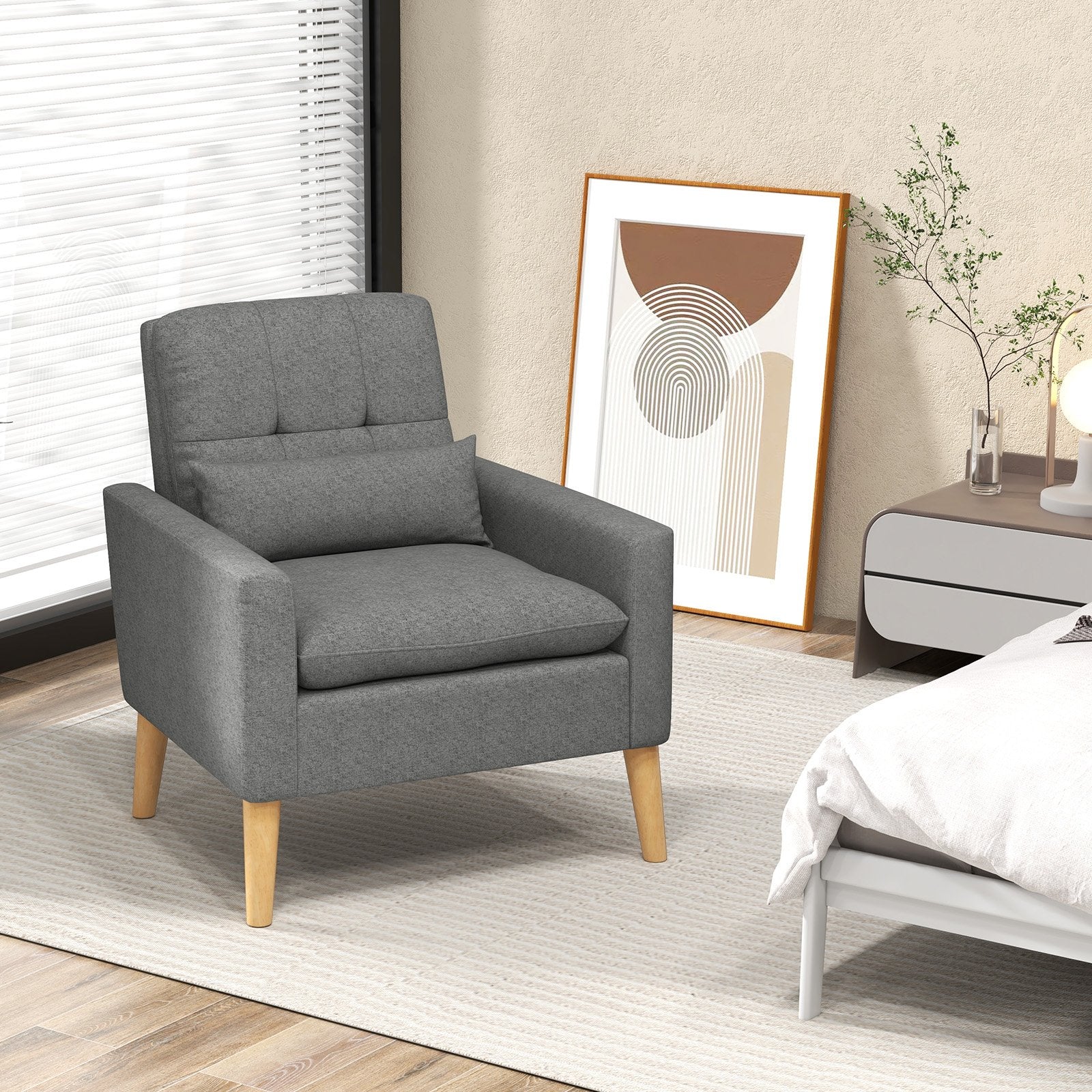 Accent Chair with Lumbar Pillow Natural Rubber Wood Legs Padded Cushions, Gray Accent Chairs   at Gallery Canada