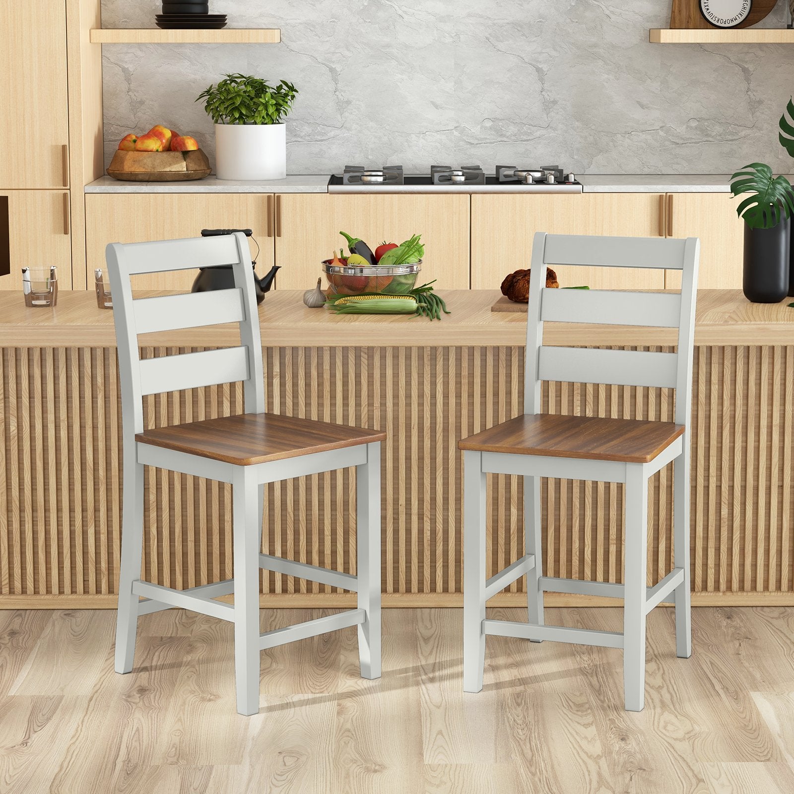 Set of 2 Counter Bar Stool with Inclined Backrest and Footrest, Gray Bar Stools   at Gallery Canada