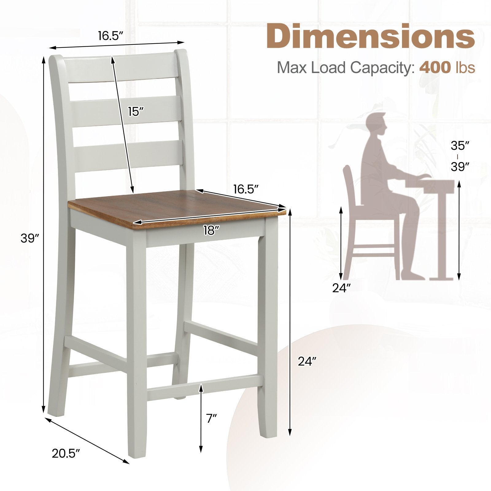 Set of 2 Counter Bar Stool with Inclined Backrest and Footrest, Gray Bar Stools   at Gallery Canada