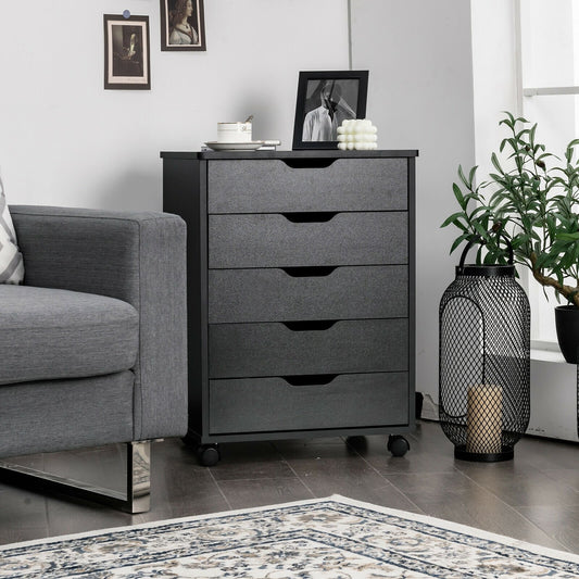 5 Drawer Mobile Lateral Filing Storage Home Office Floor Cabinet with Wheels, Black File Cabinets   at Gallery Canada