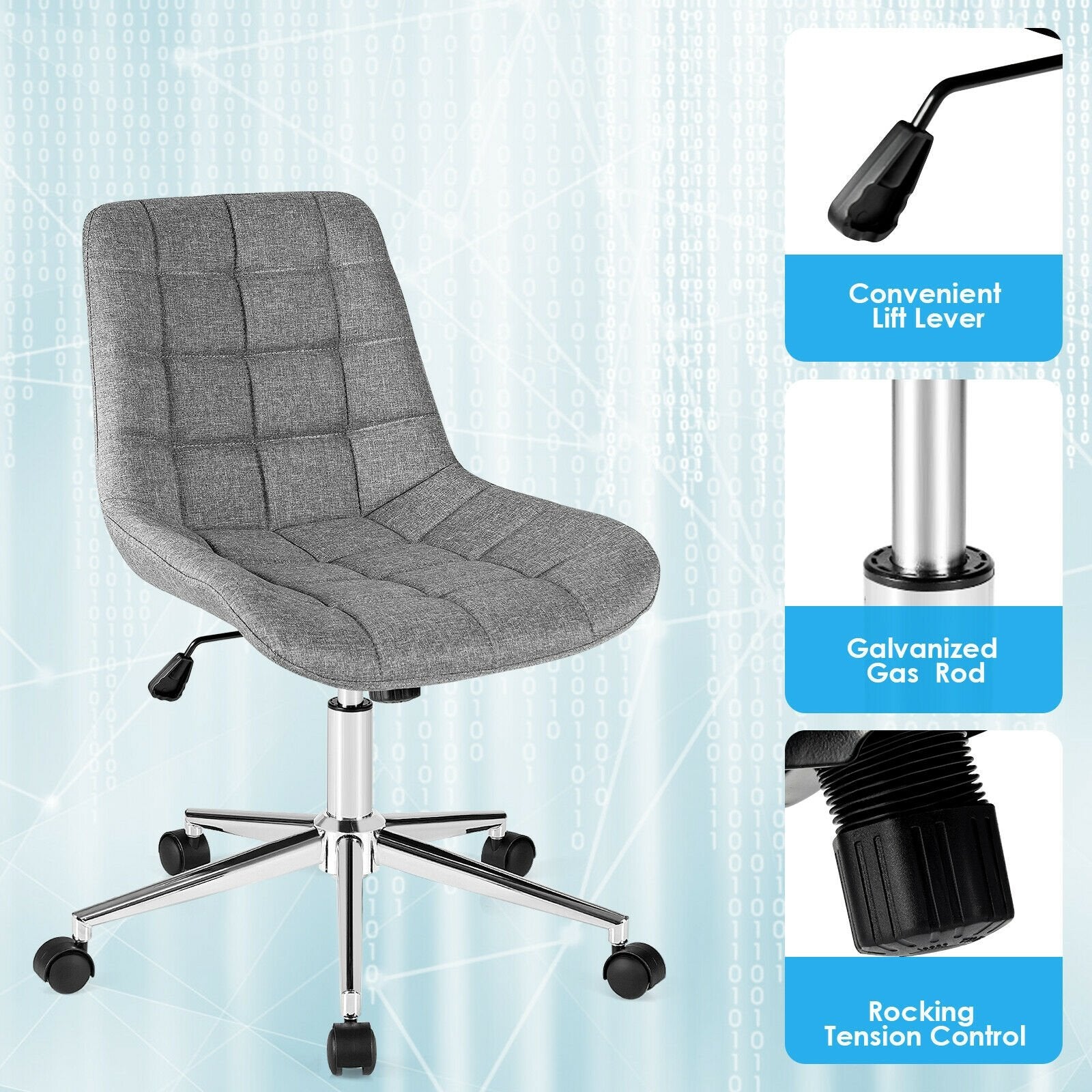 Fabric Adjustable Mid-Back Armless Office Swivel Chair, Gray Armless Chairs   at Gallery Canada