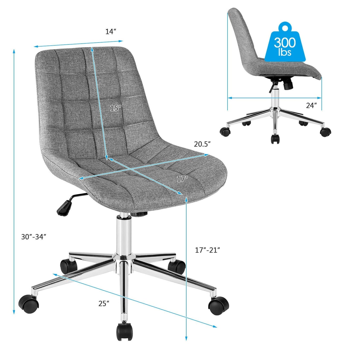 Fabric Adjustable Mid-Back Armless Office Swivel Chair, Gray Armless Chairs   at Gallery Canada