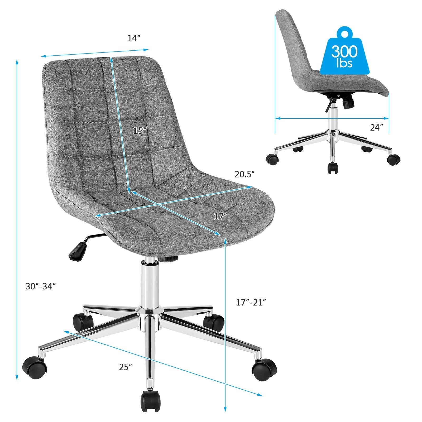 Fabric Adjustable Mid-Back Armless Office Swivel Chair, Gray - Gallery Canada